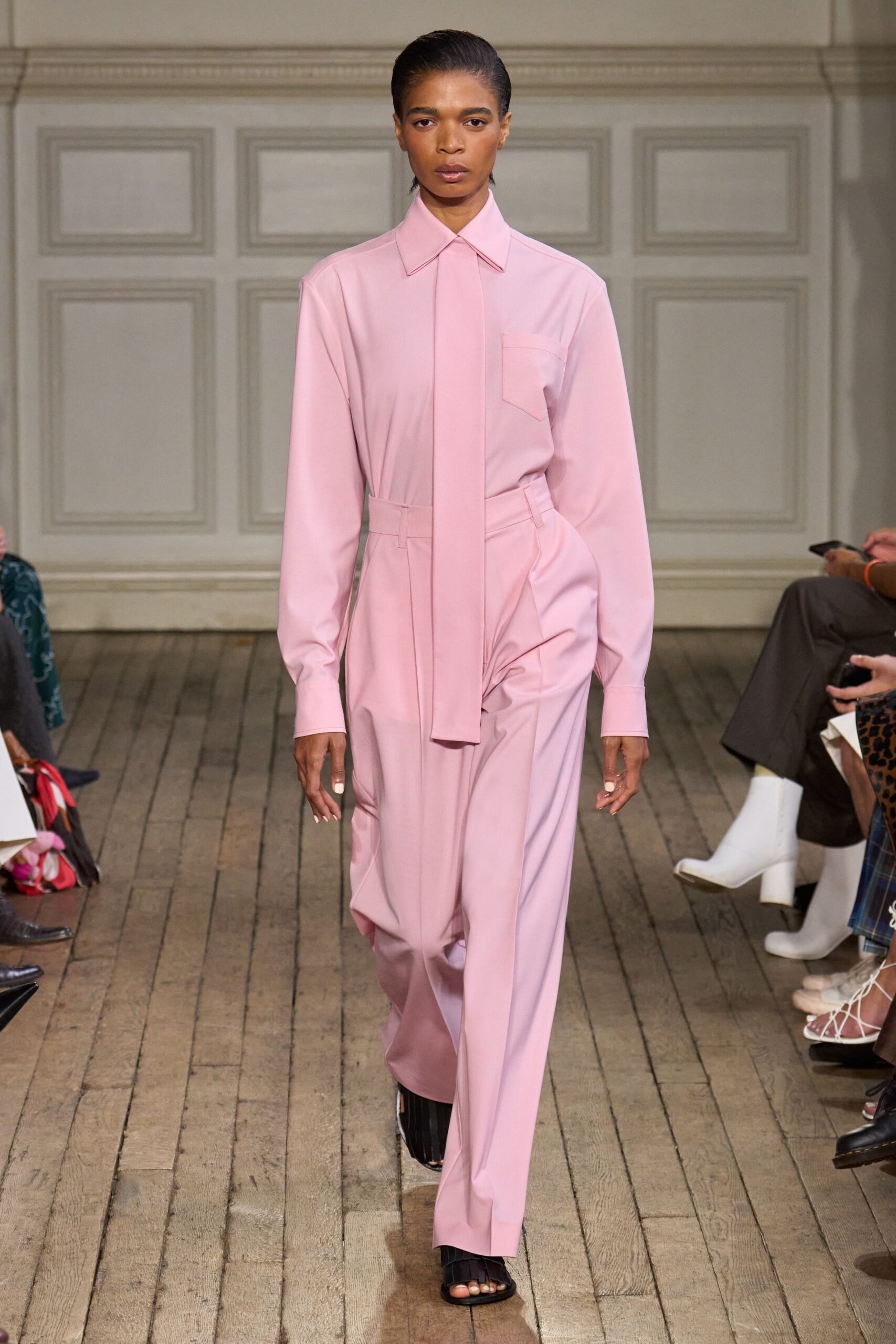 pink cotton long-sleeve collared fitted zippered jumpsuit