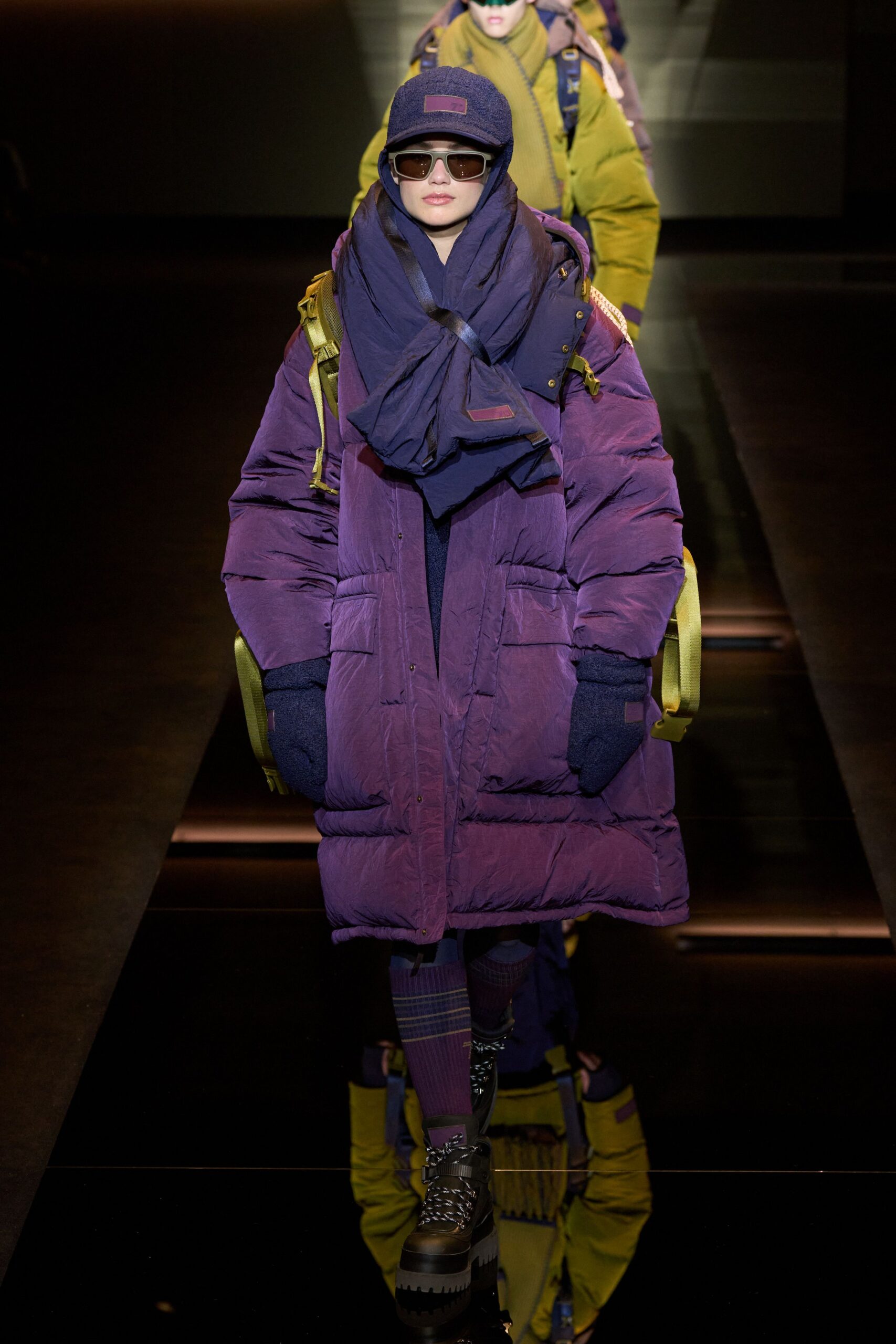 purple oversized coat with accessories