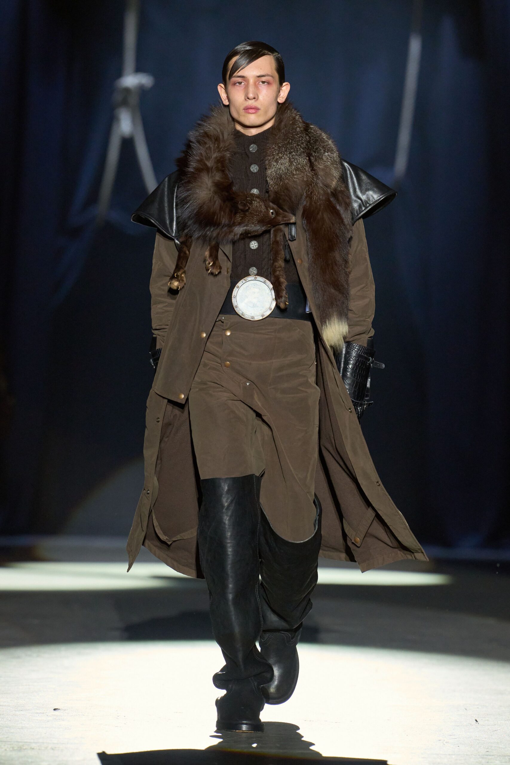 brown wool long-sleeve collared relaxed layered belted coat