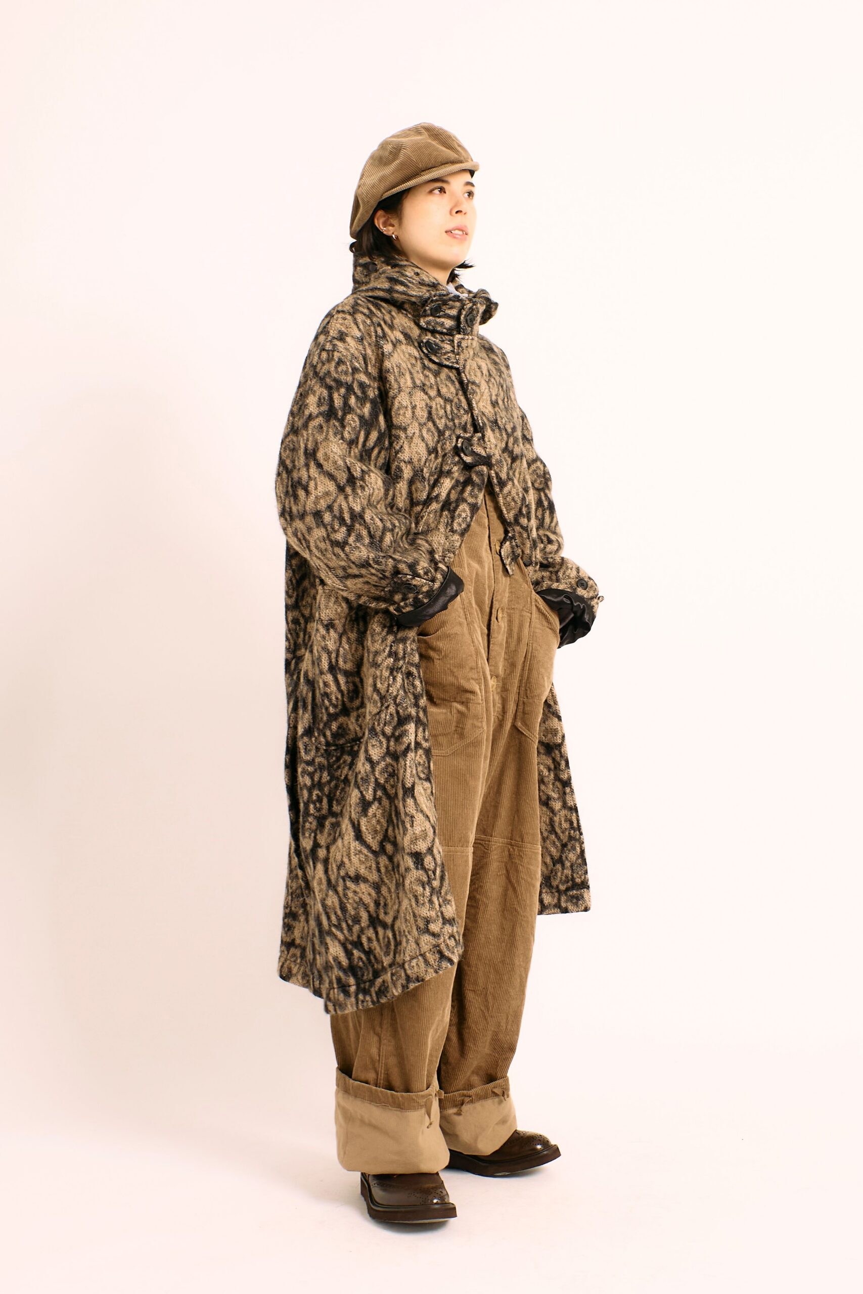 brown faux-fur long-sleeve collared relaxed printed coat