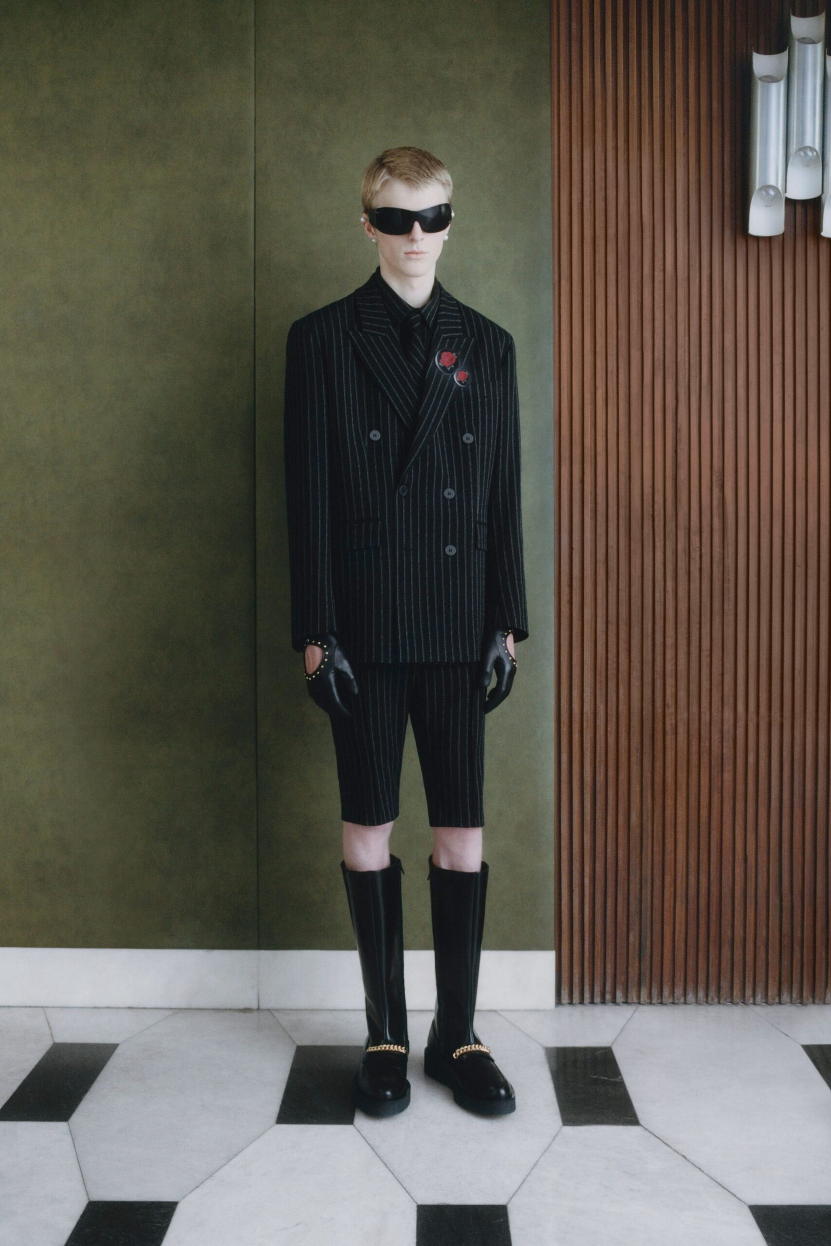 black wool tailored striped short shorts