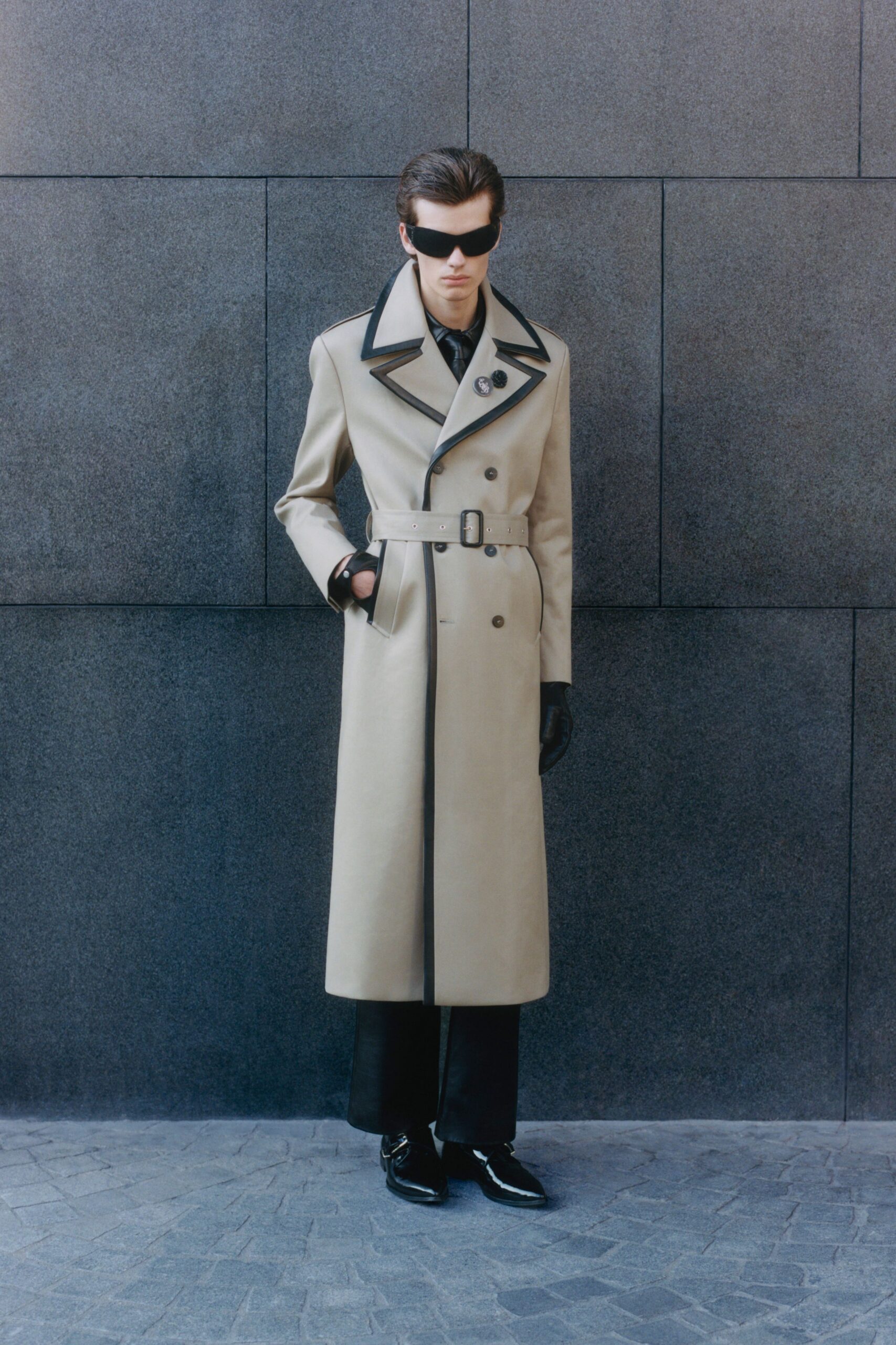 beige vinyl long-sleeve collared tailored belted maxi coat