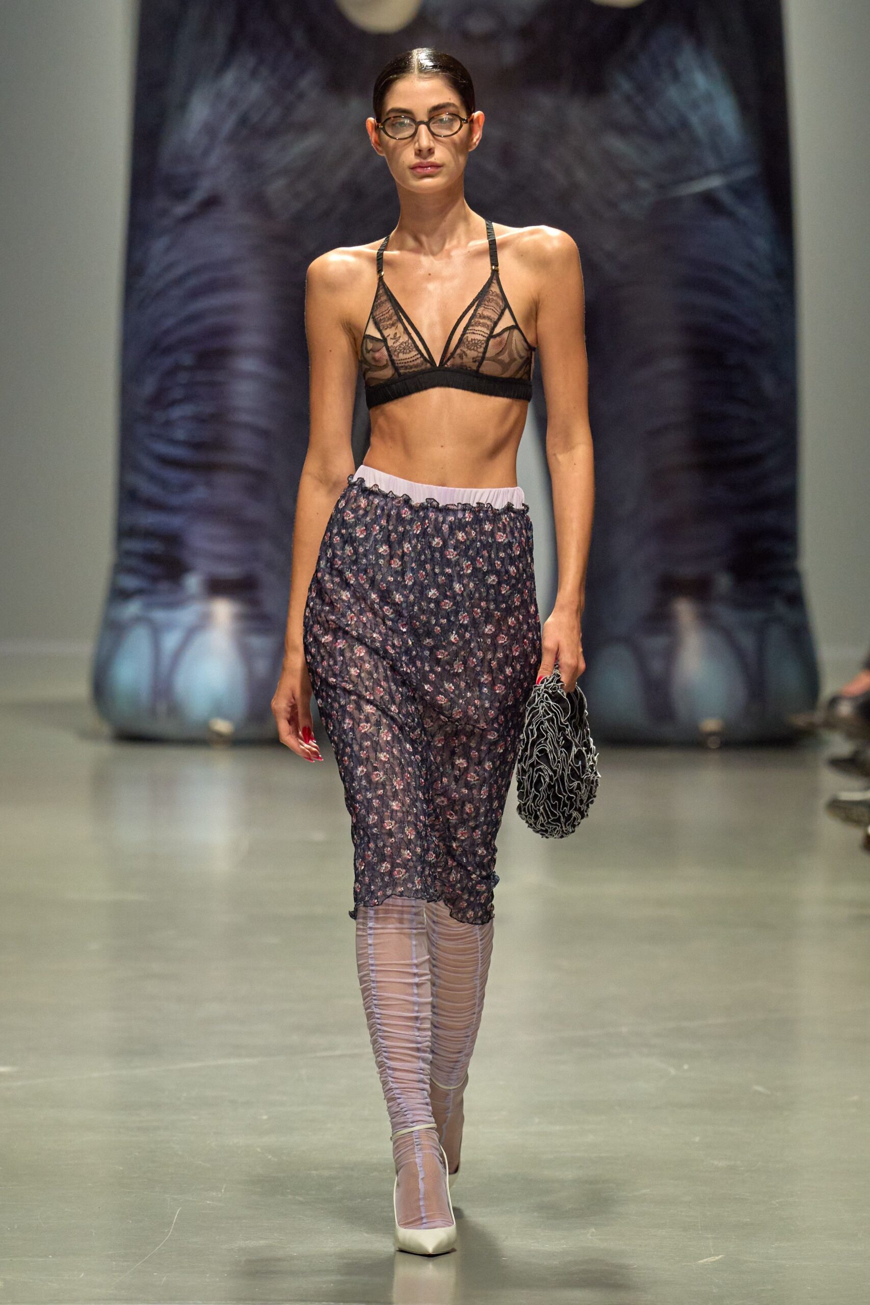 purple mesh fitted flared printed midi skirt
