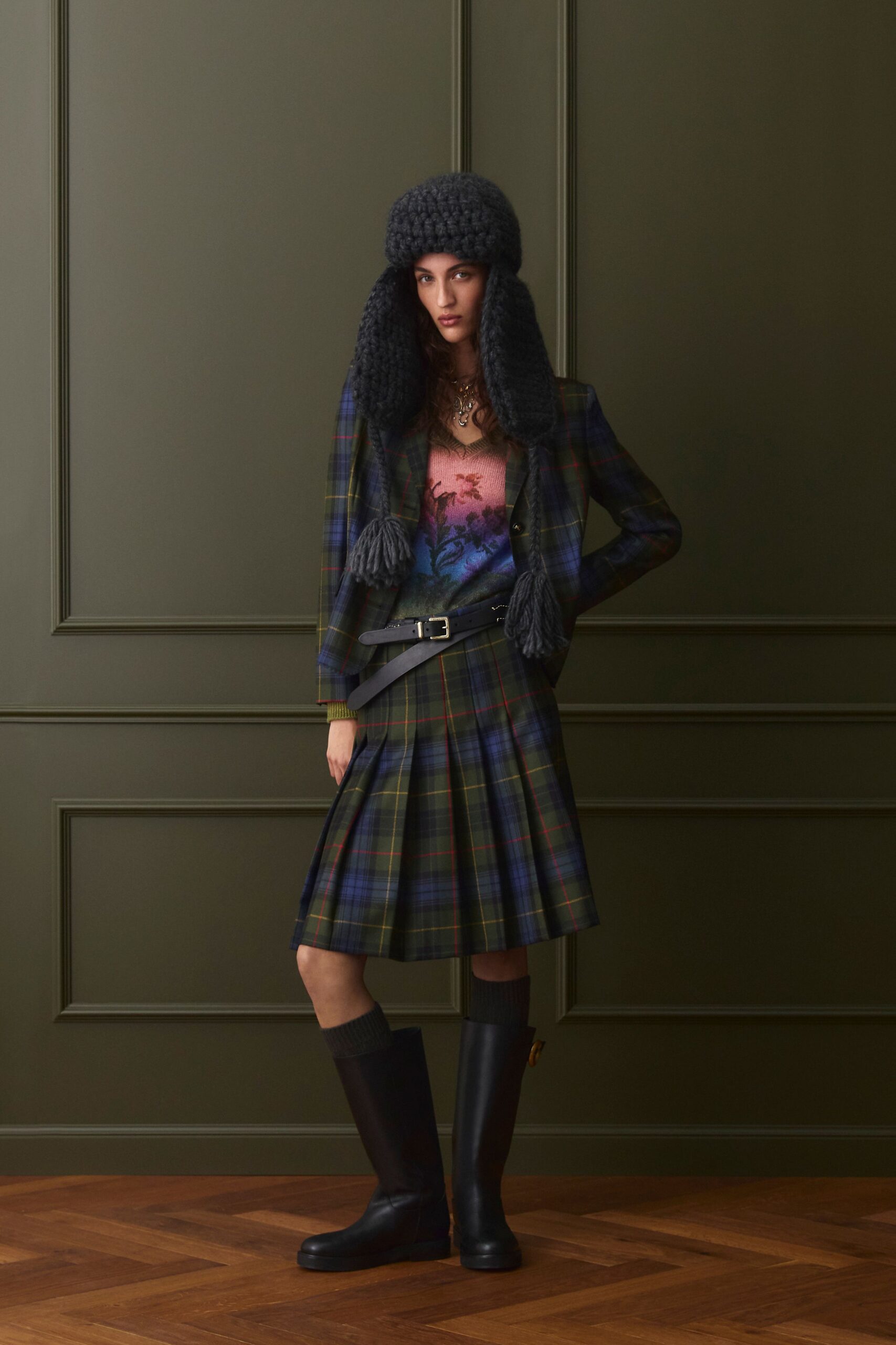 green wool long-sleeve collared tailored checked blazer