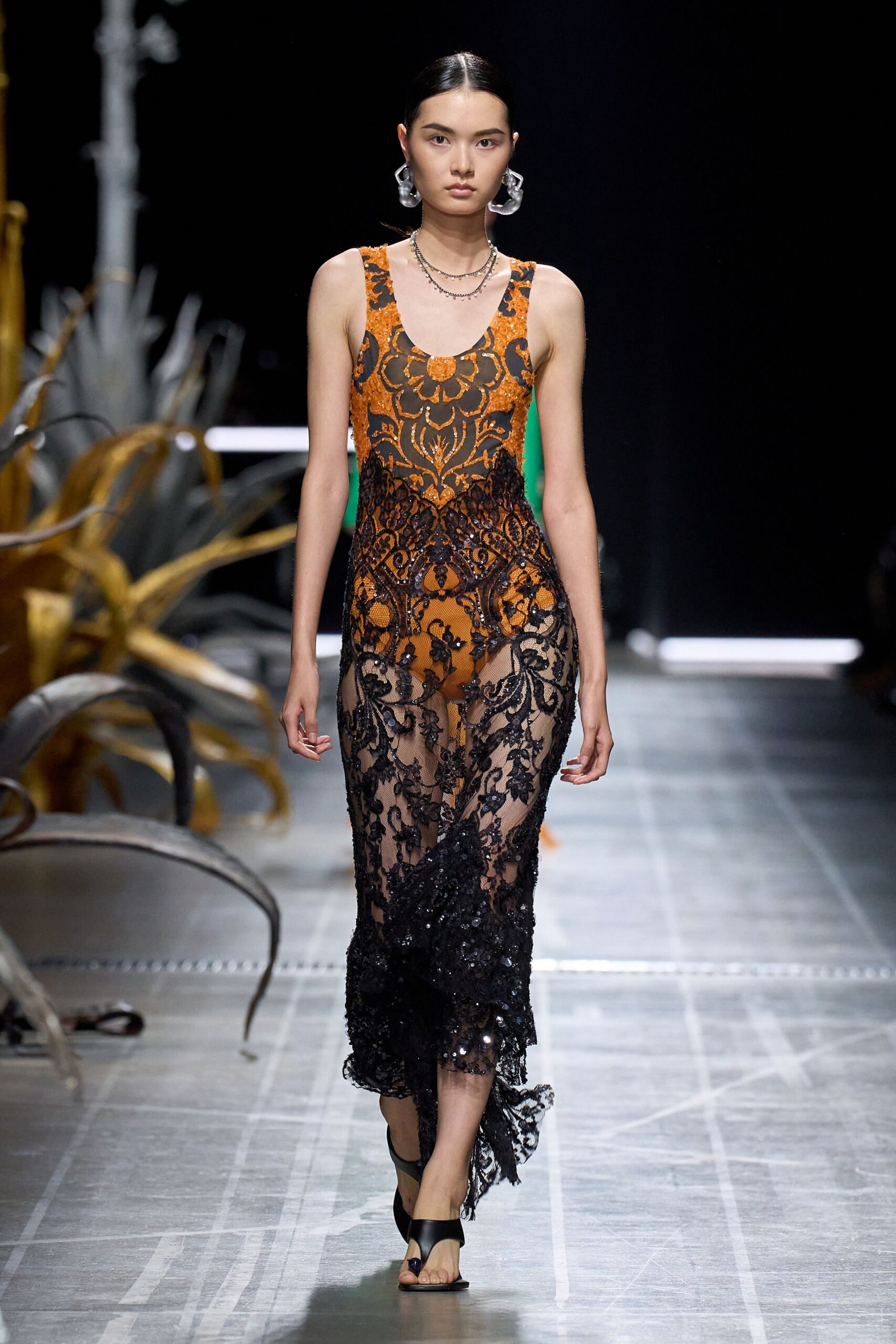 orange lace sleeveless v-neck fitted embroidered layered dress