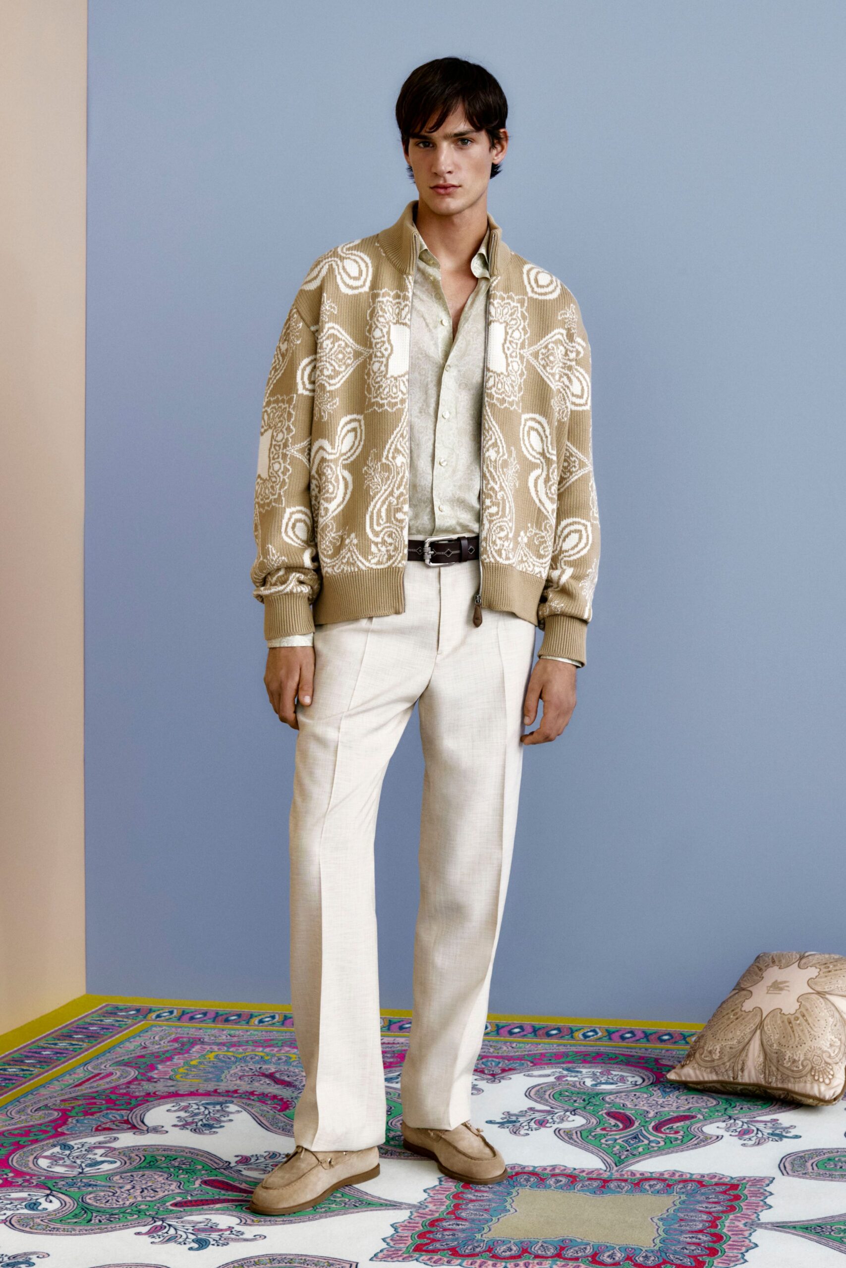 beige embroidered jacket with tailored pants