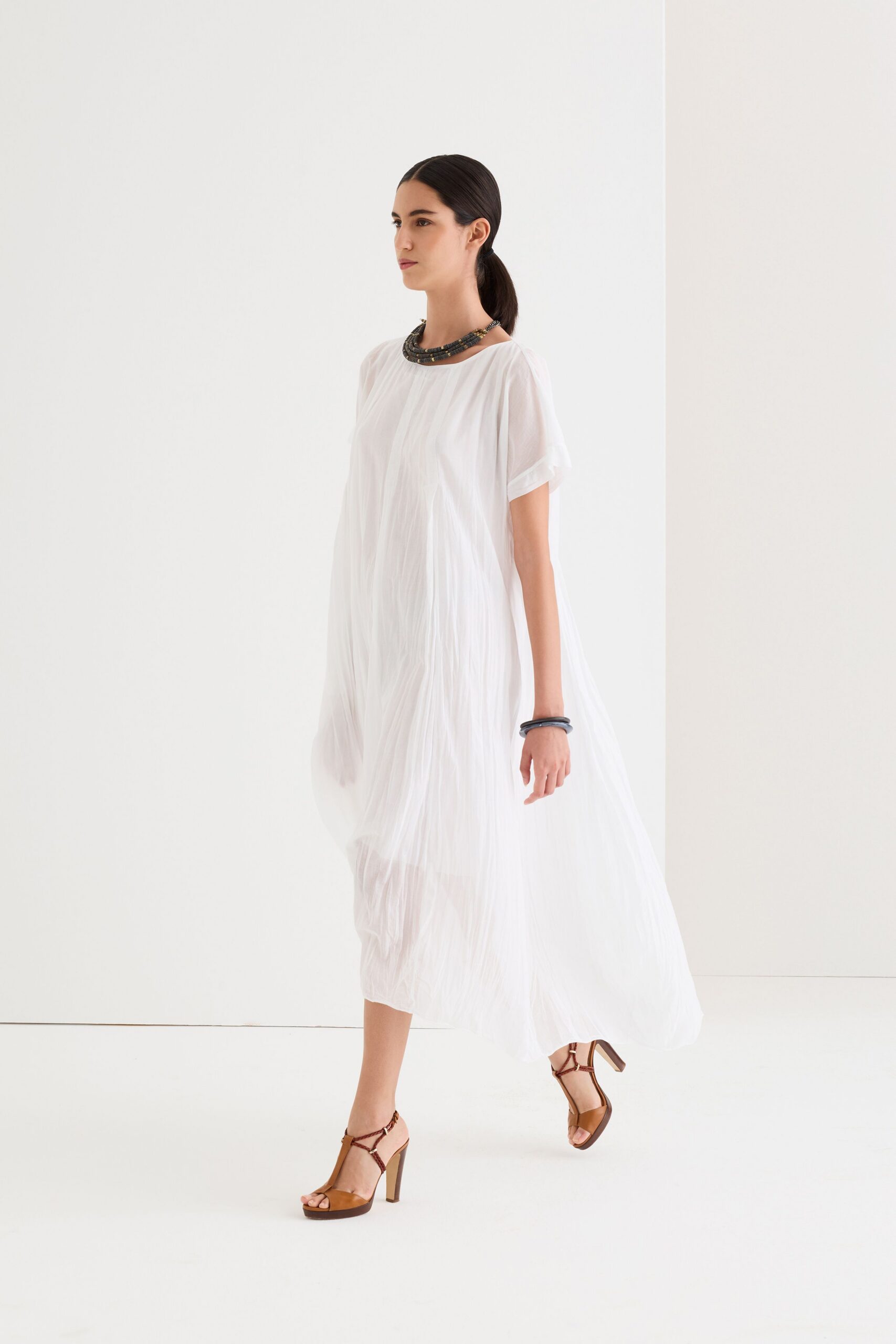 white chiffon short-sleeve collared relaxed pleated flowing dress
