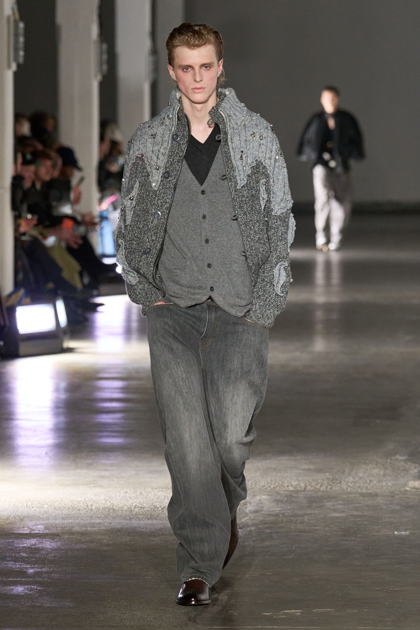gray wool long-sleeve collared relaxed layered cardigan