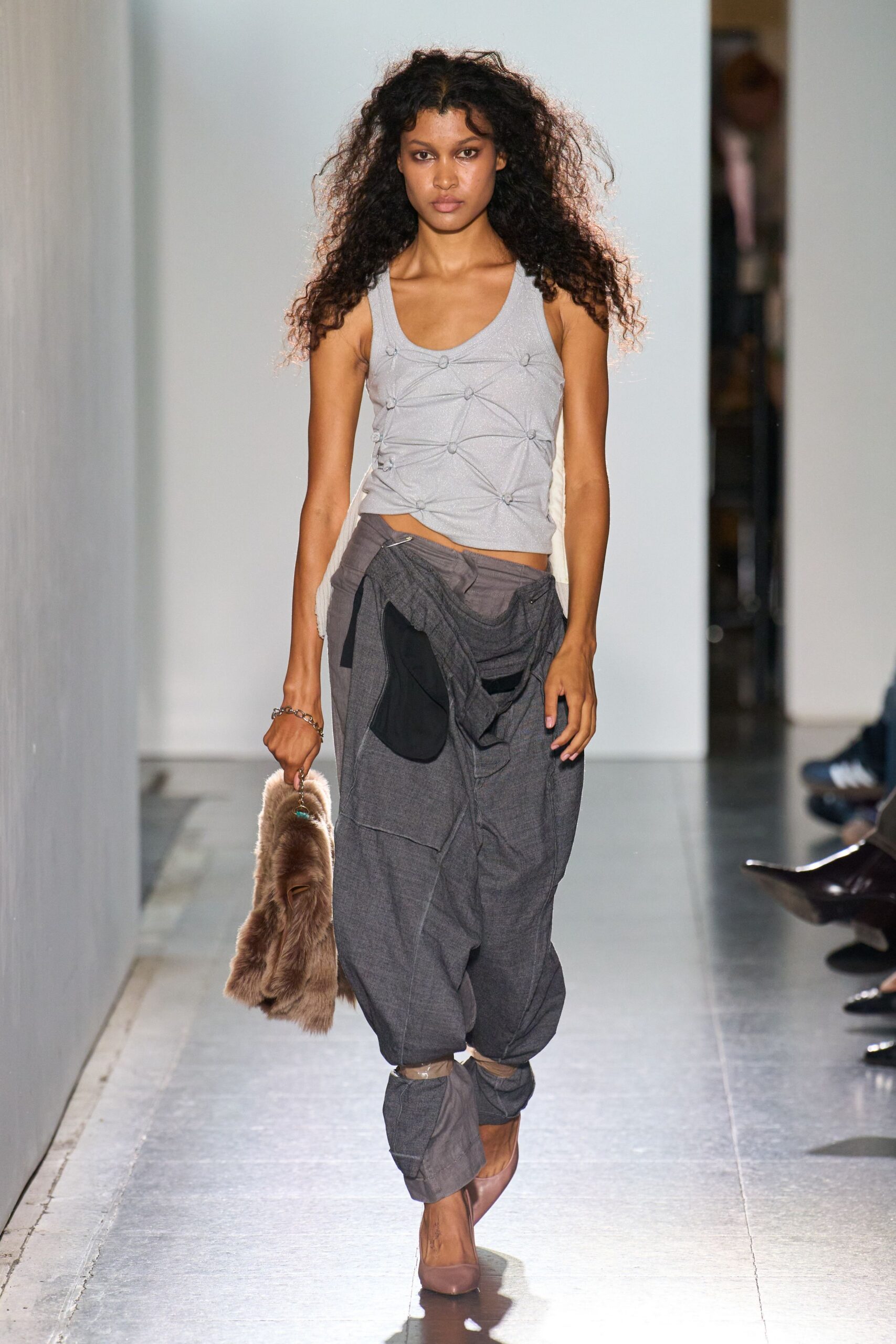 gray cotton sleeveless v-neck fitted pleated tank-top