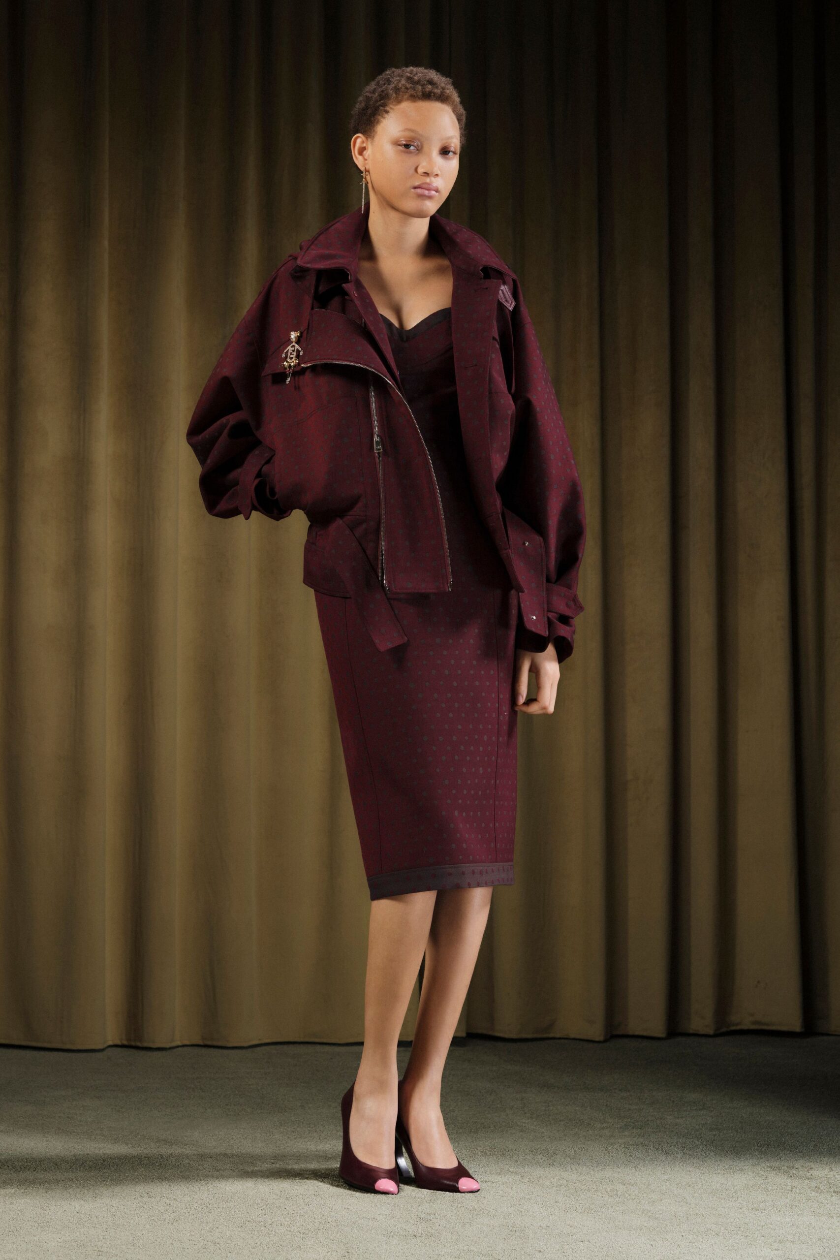 burgundy oversized jacket and fitted dress