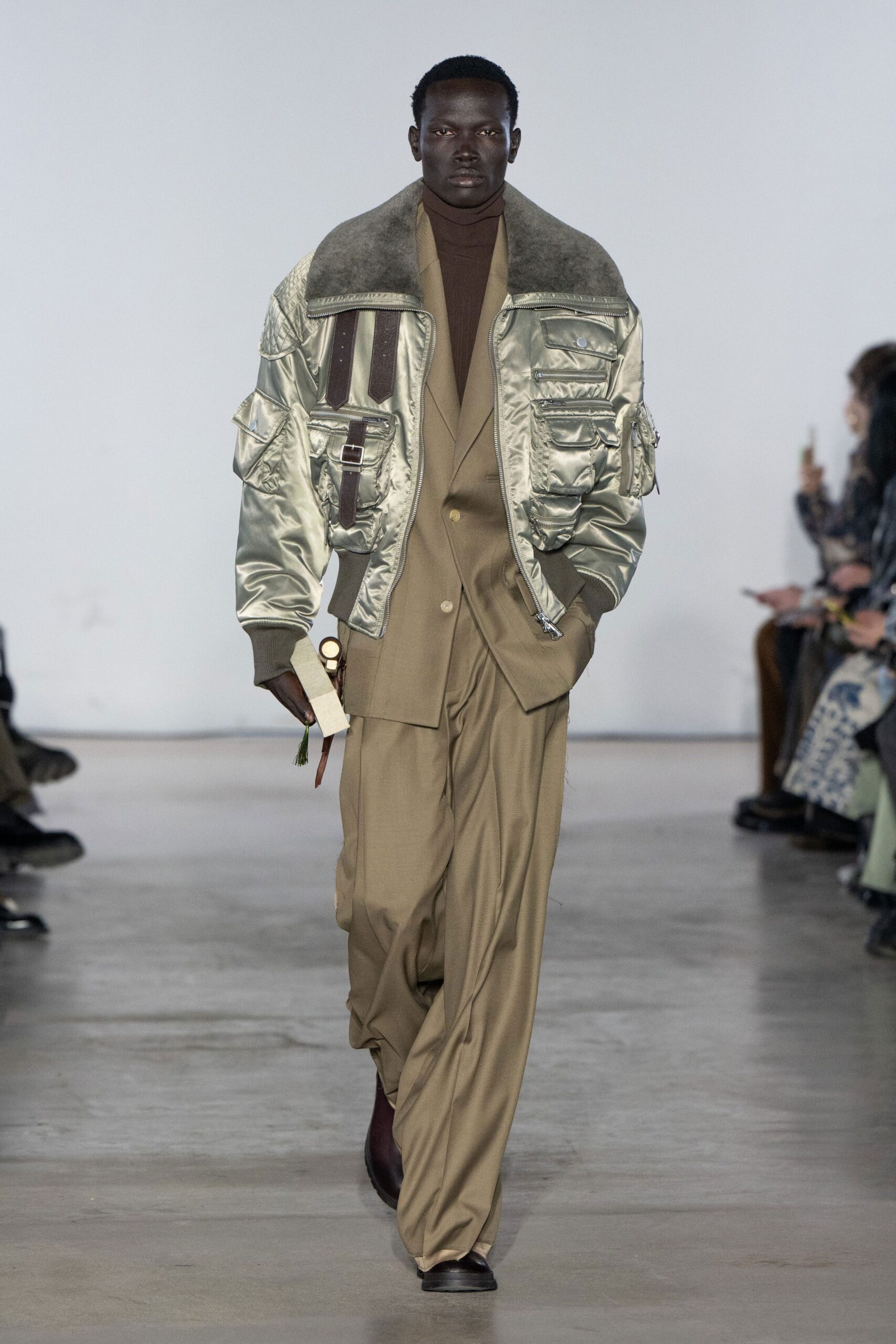 gold satin jacket with beige suit