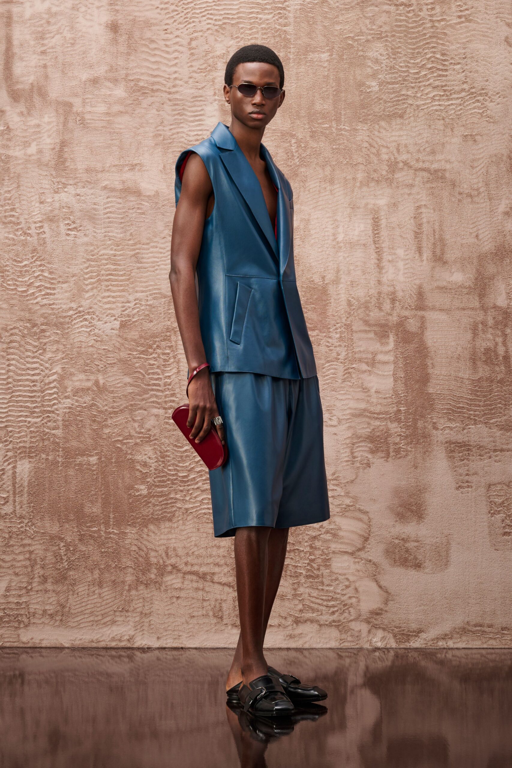 blue leather sleeveless v-neck structured vest