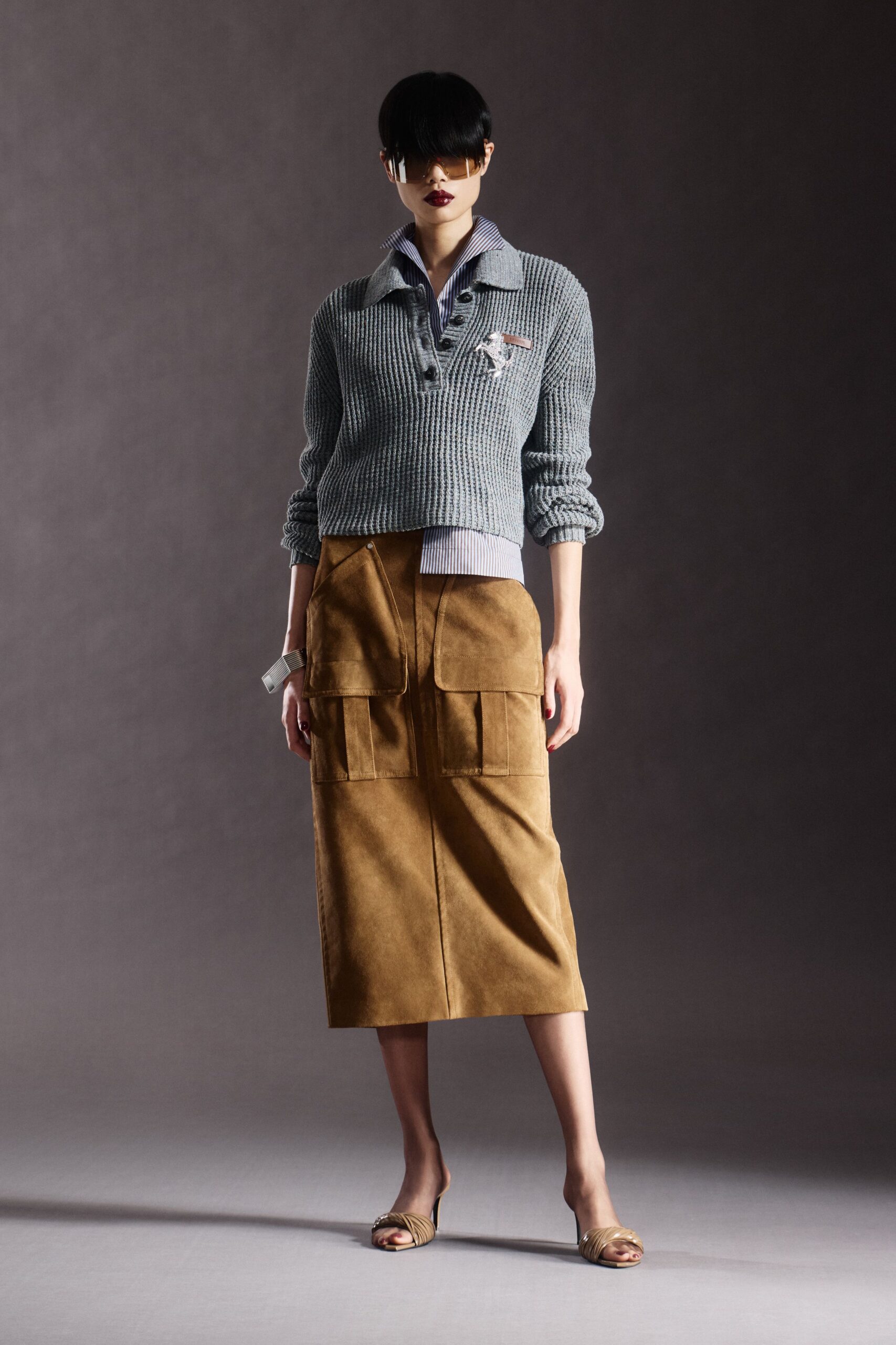 gray wool relaxed sweater and brown suede skirt