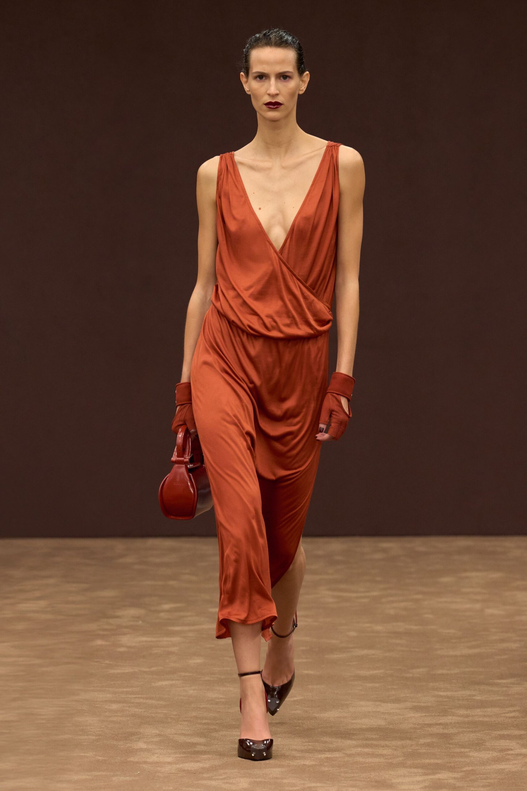 red silk sleeveless v-neck fitted draped midi dress