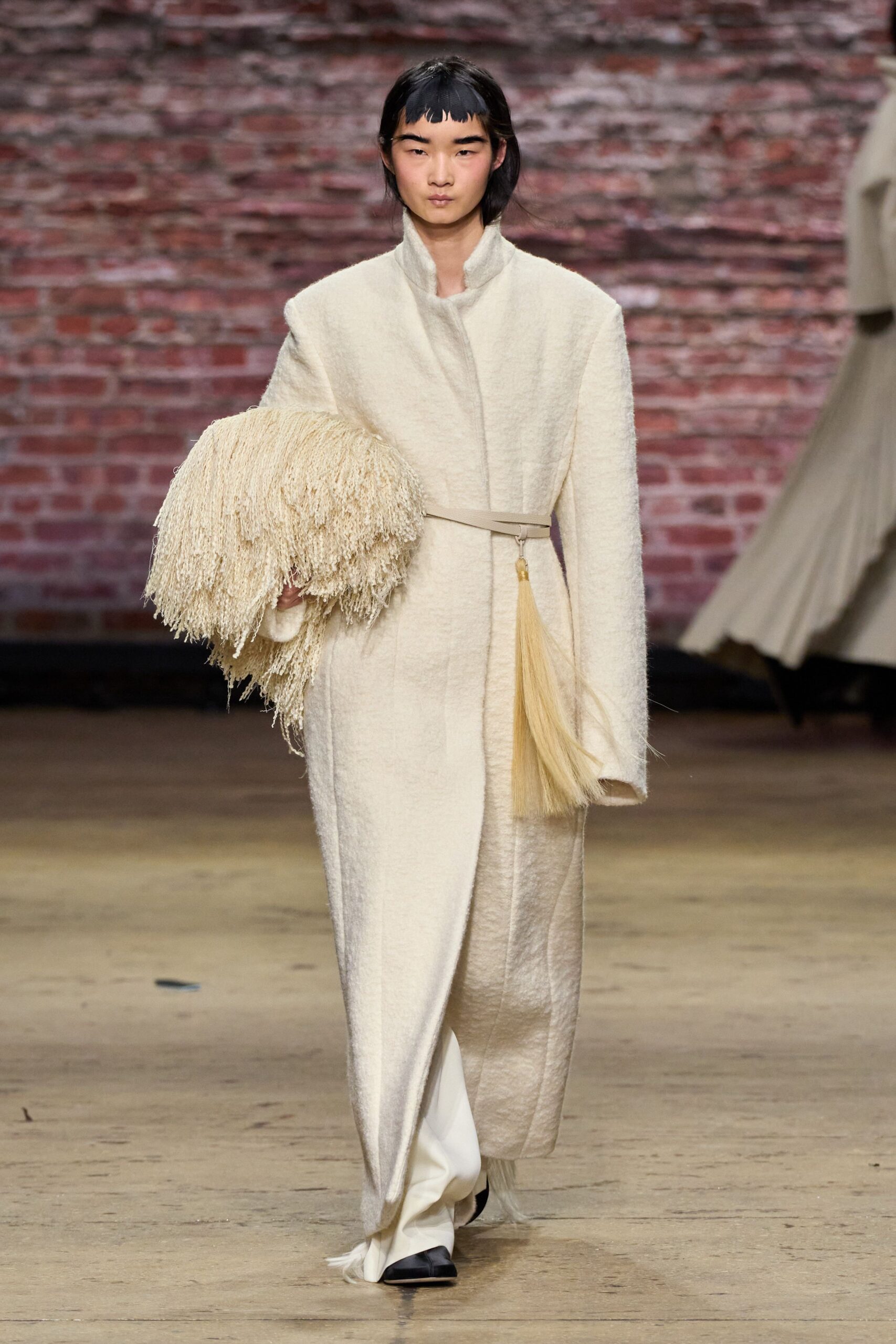 white wool long-sleeve collared relaxed belted maxi coat