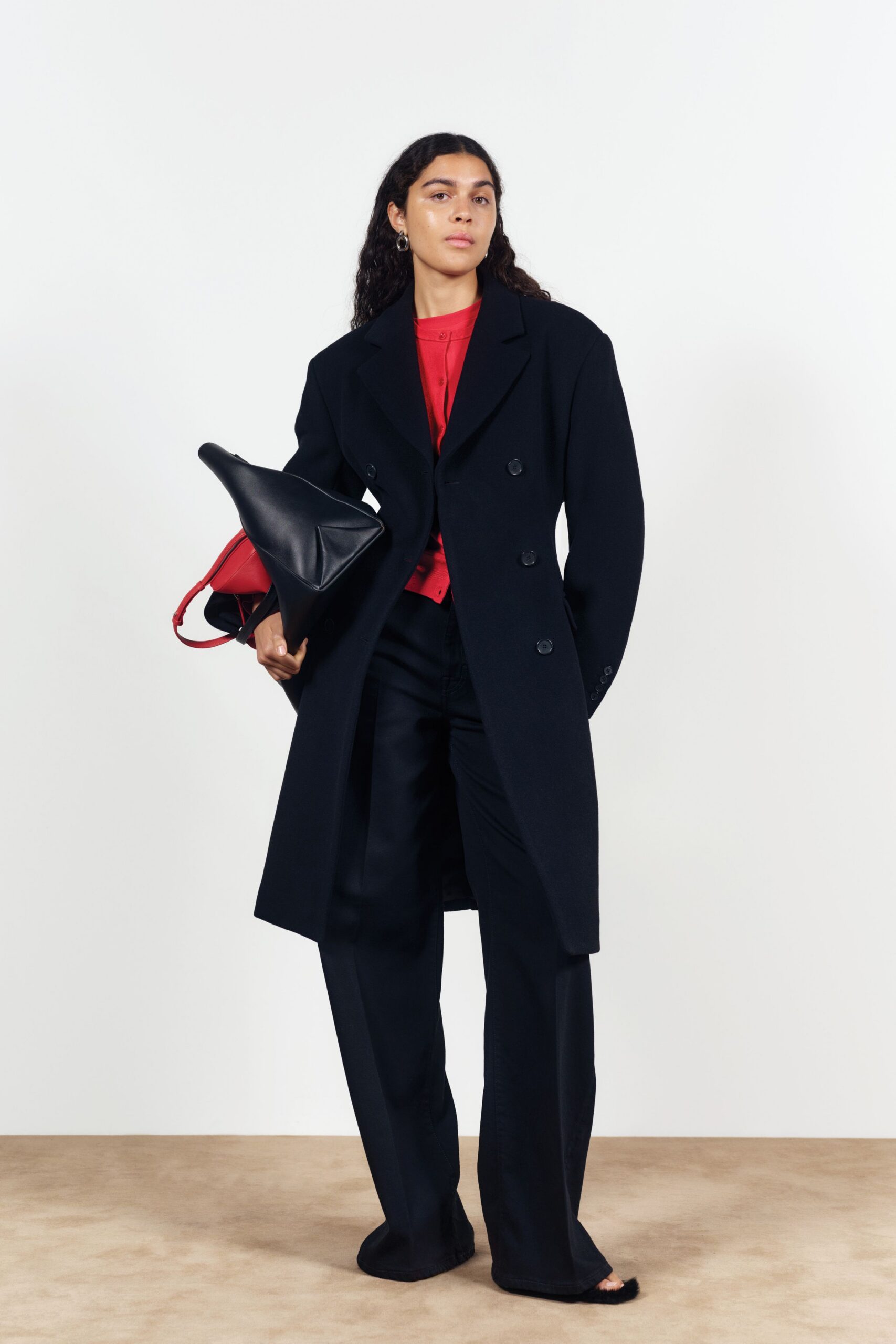 black wool long-sleeve double-breasted structured coat