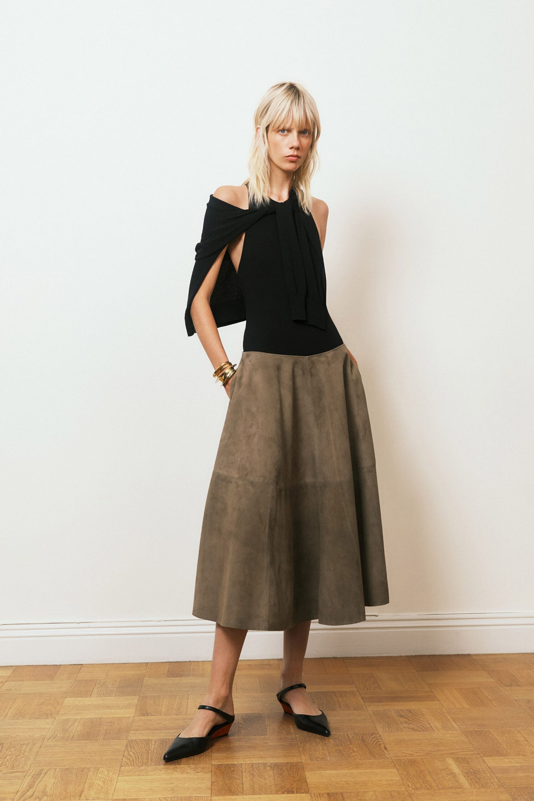 brown suede relaxed a-line midi skirt