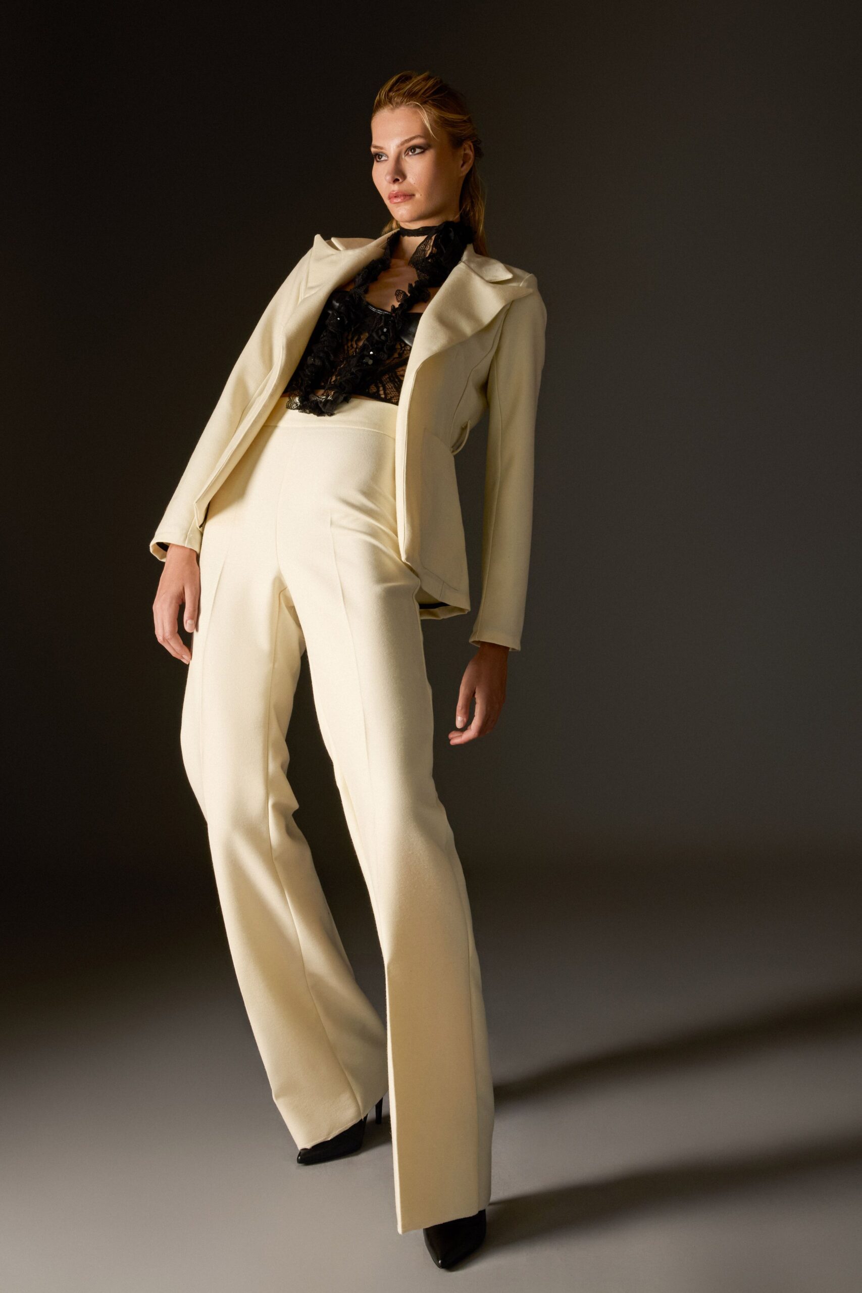 white tailored blazer with black lace top