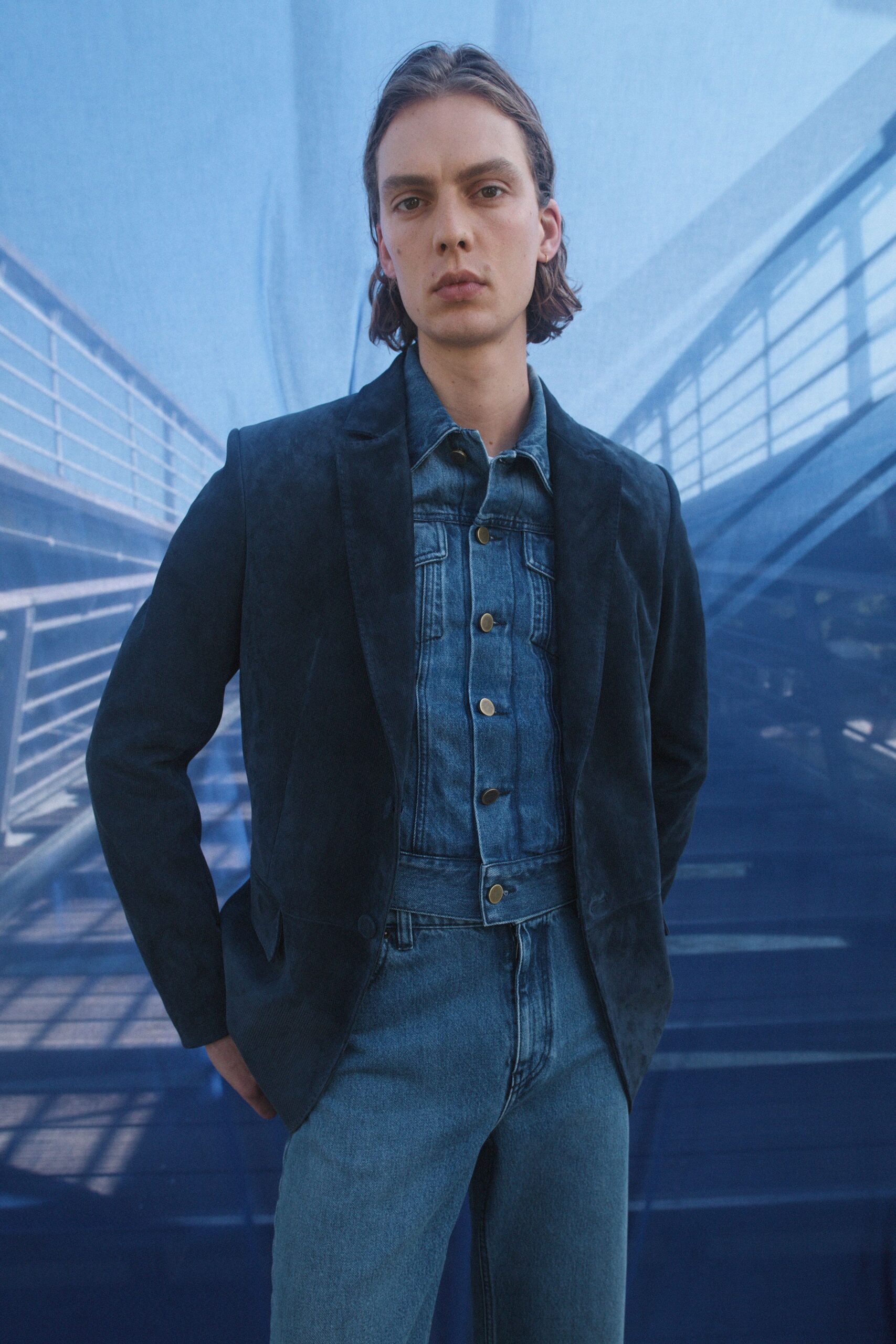 black suede long-sleeve collared tailored blazer