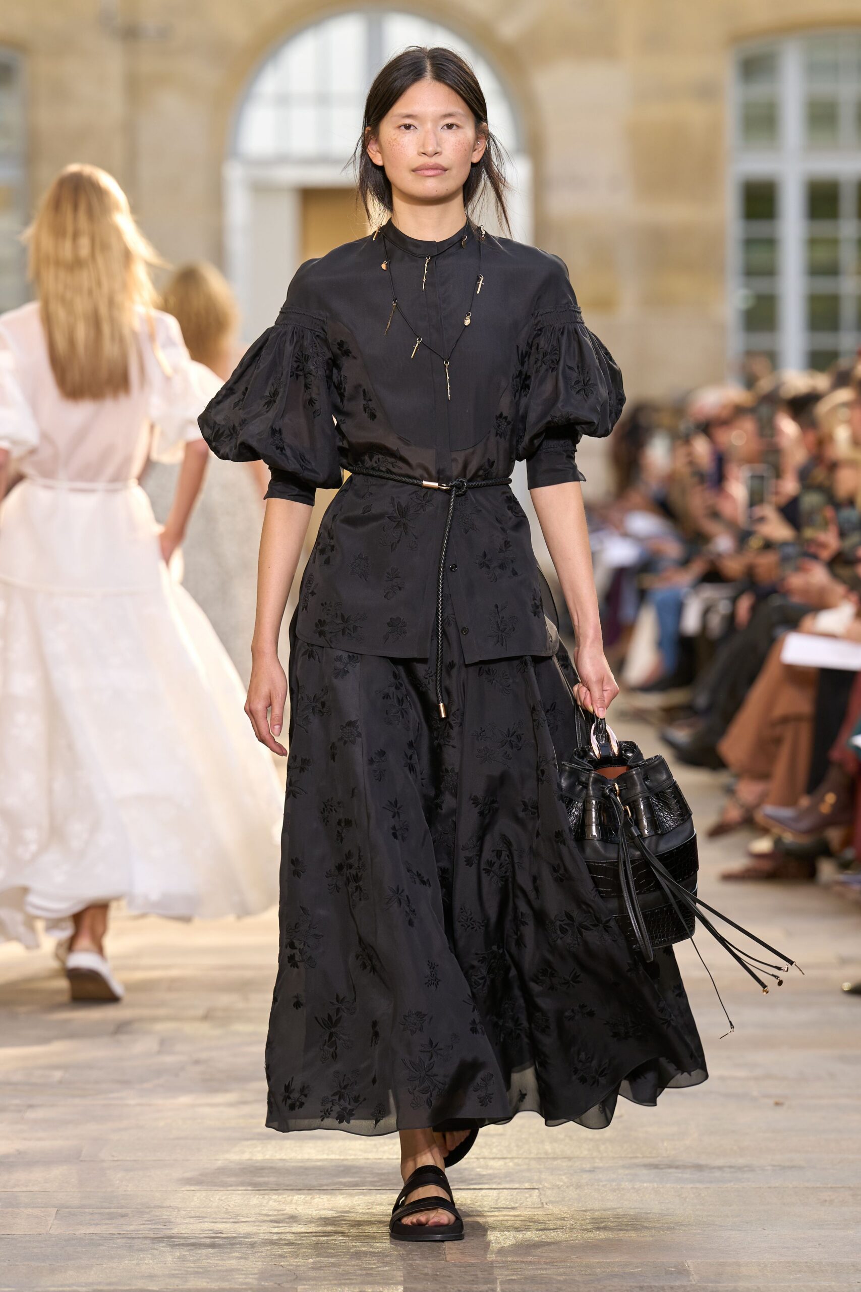 black cotton short-sleeve collared fitted embroidered tiered dress