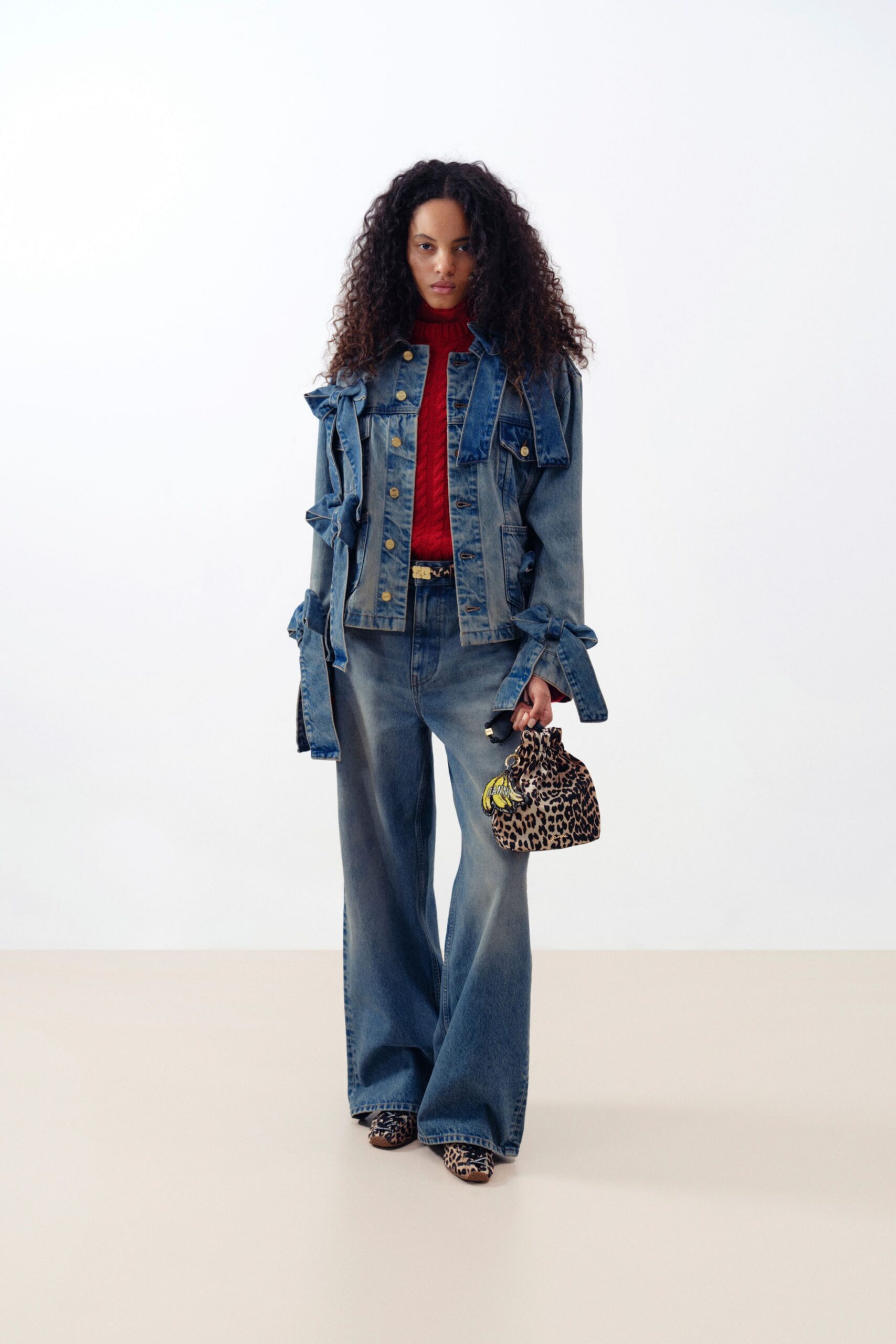 blue denim long-sleeve collared relaxed ruffled buttoned jacket
