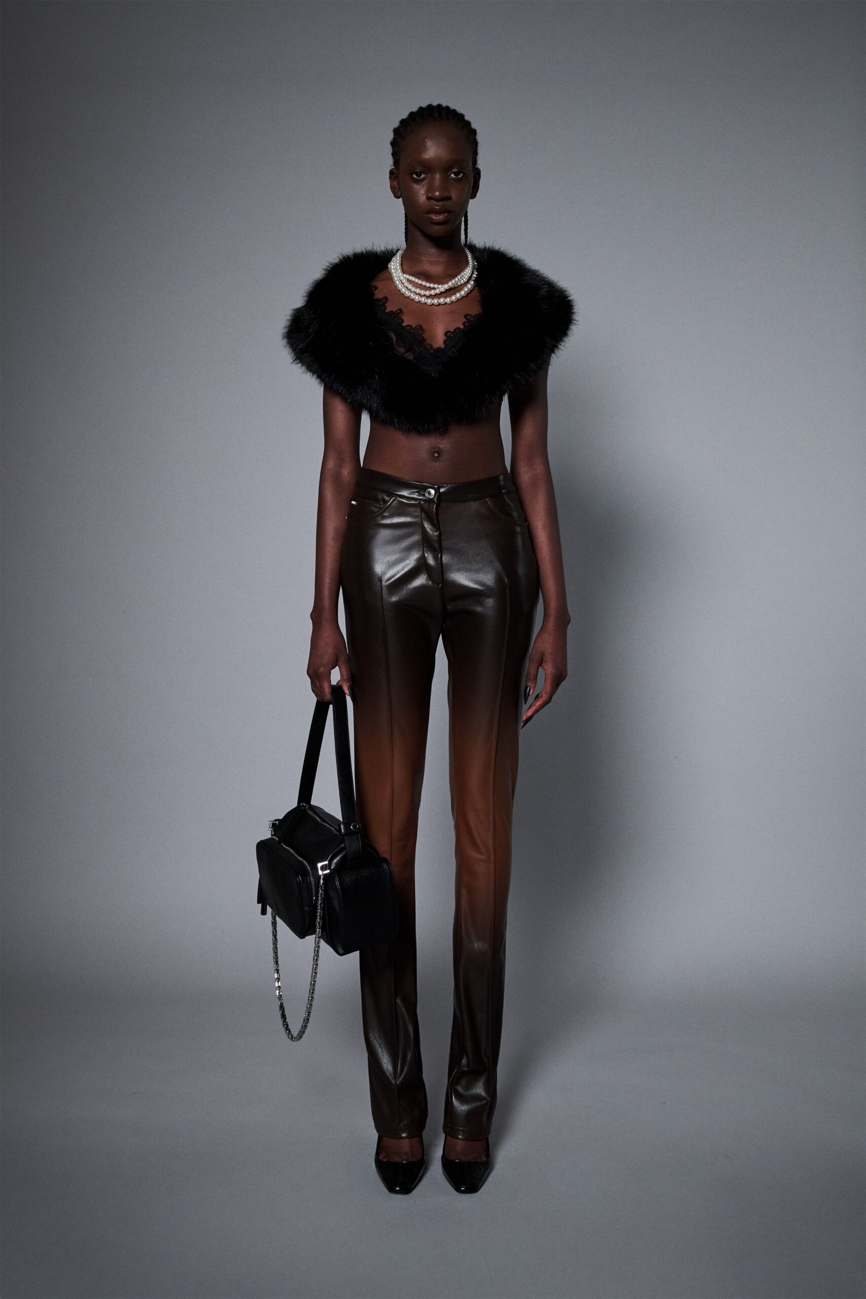 brown leather slim zippered pants