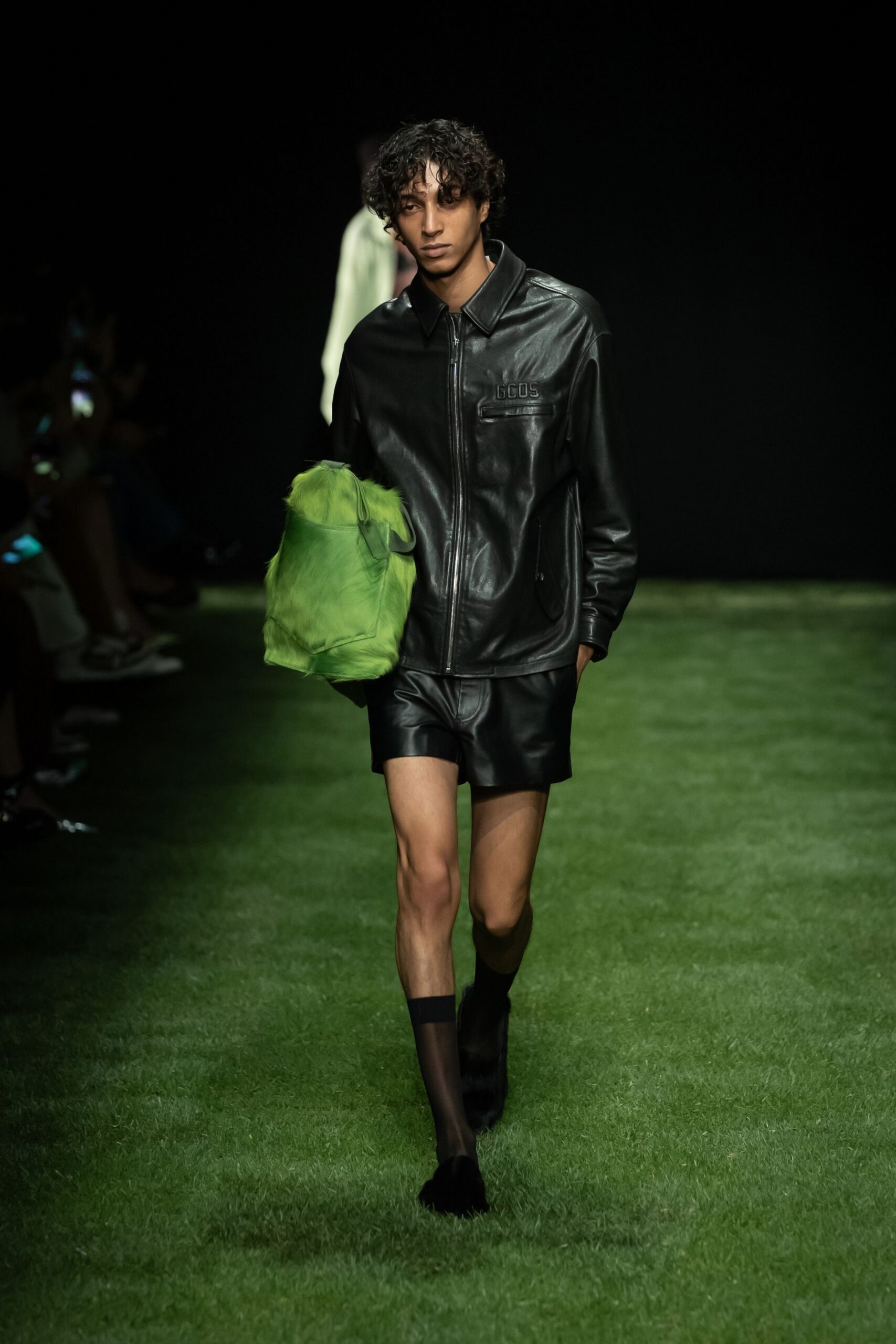 black leather jacket and shorts