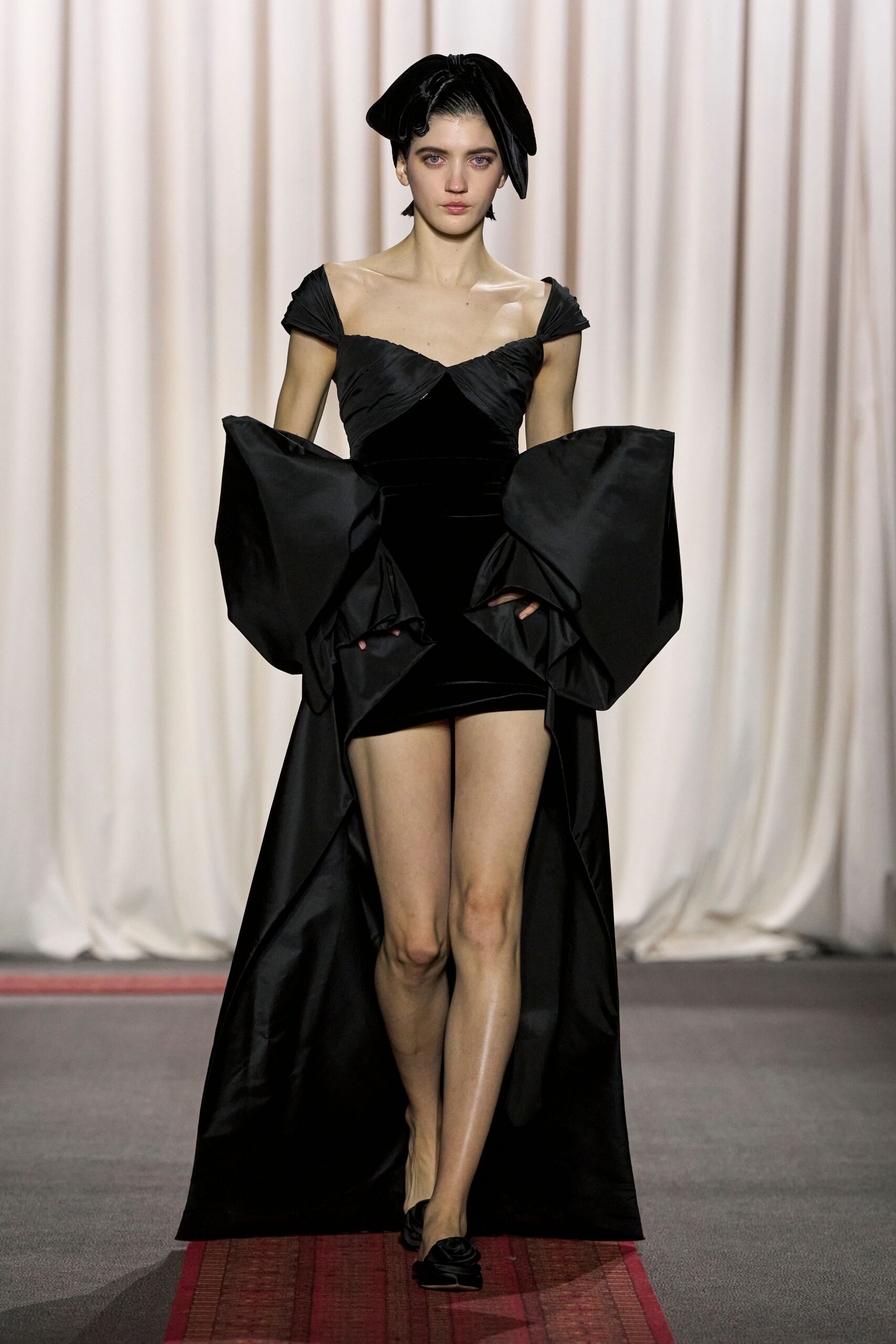 black silk sleeveless v-neck fitted draped layered dress