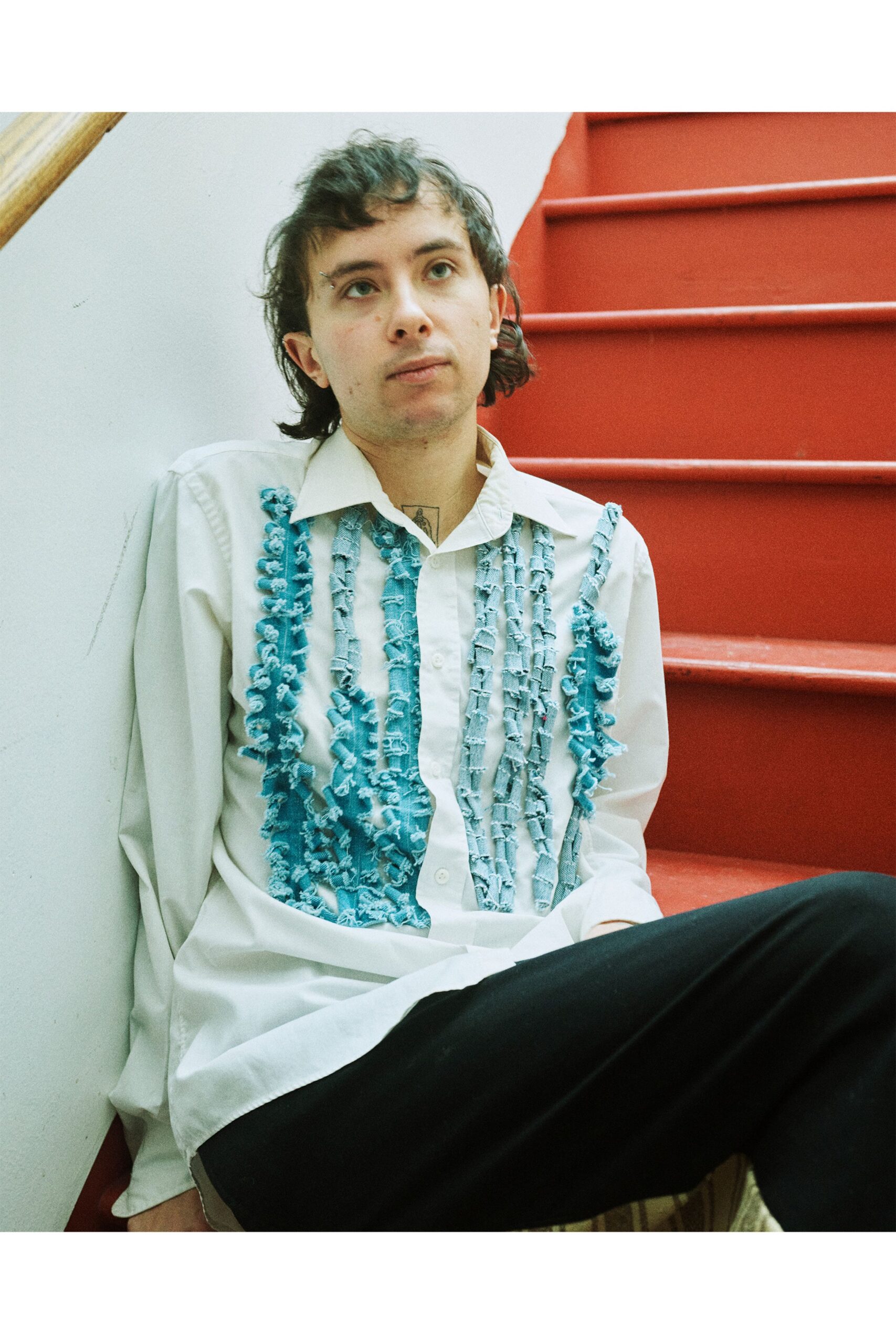 white cotton long-sleeve collared relaxed ruffled shirt