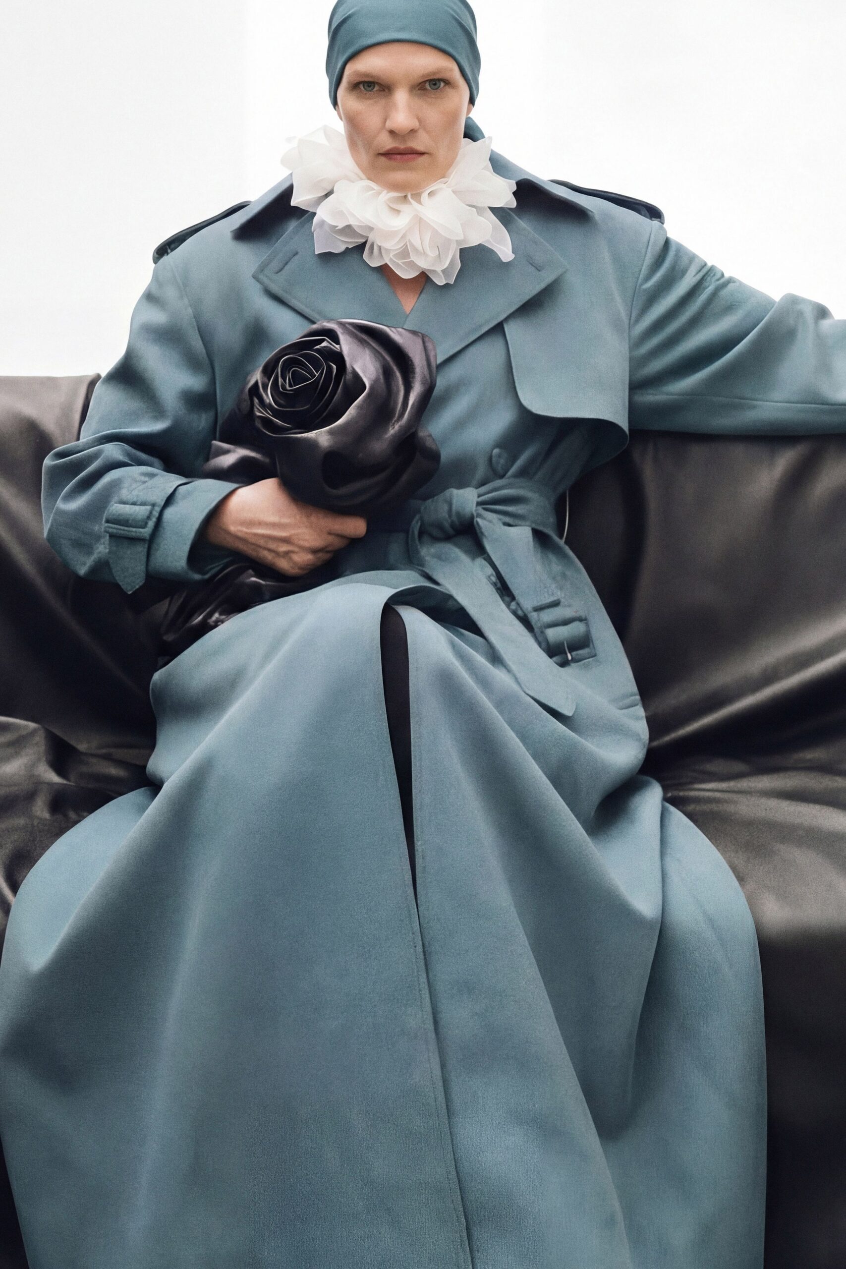 blue silk long-sleeve collared fitted belted zippered trench