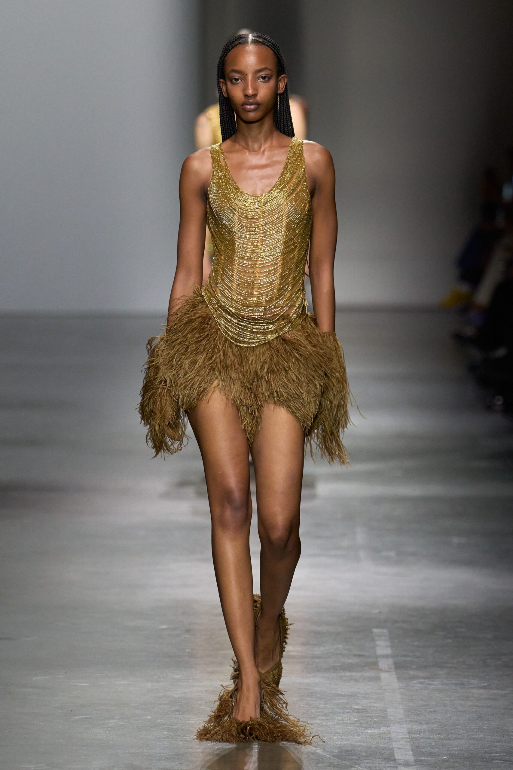 gold fringed mini dress and shoes