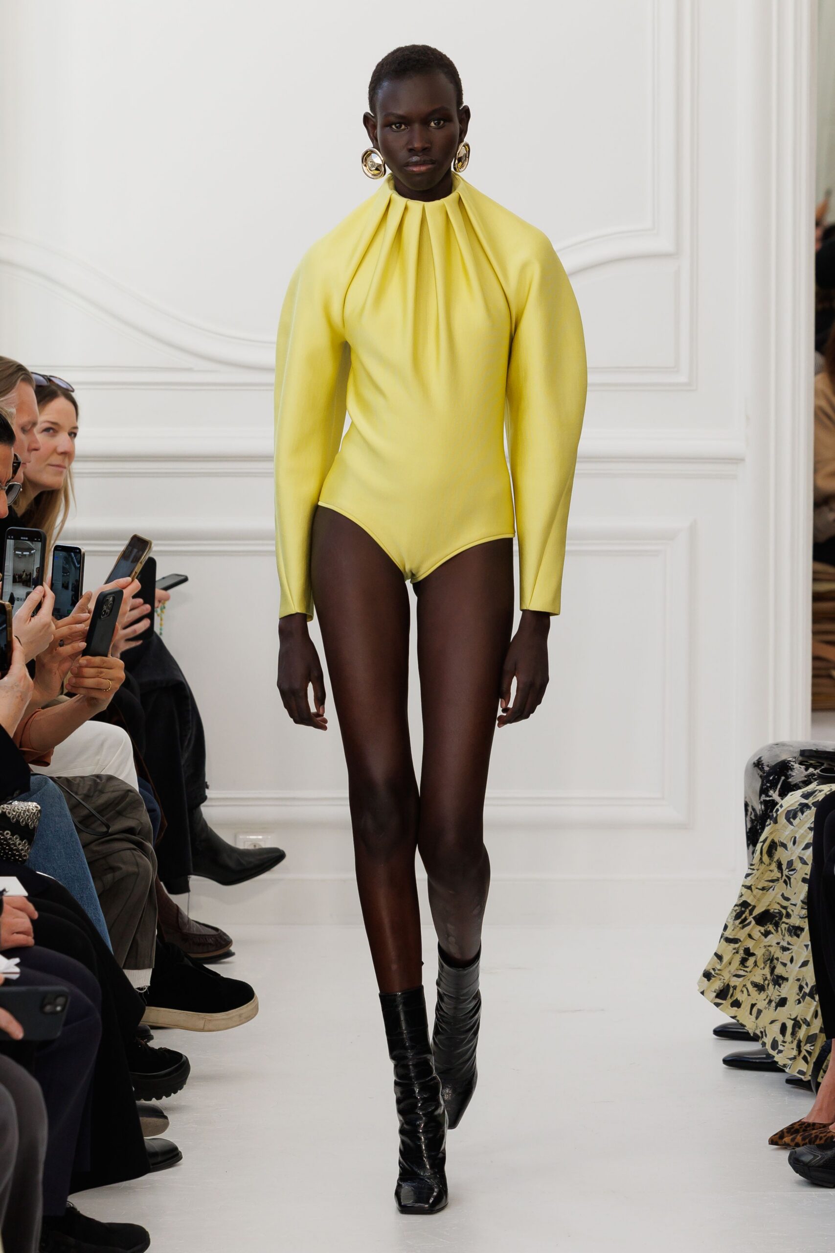 yellow neoprene long-sleeve high-neck fitted pleated bodysuit