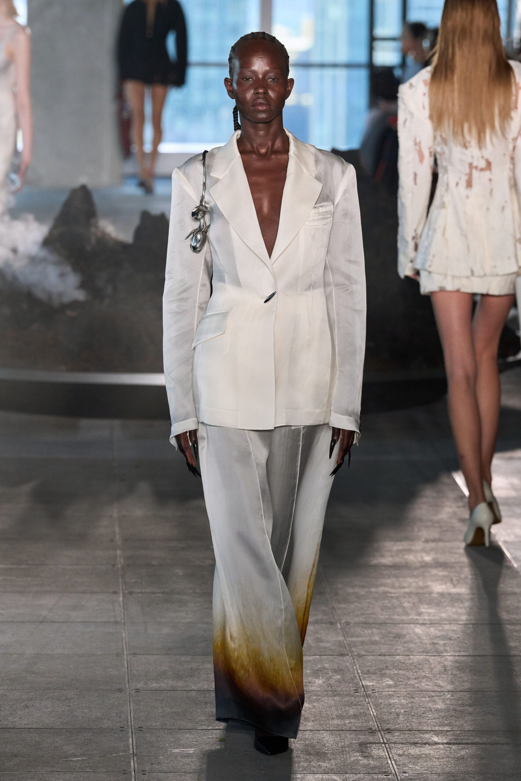 white silk long-sleeve v-neck tailored zippered shiny suit