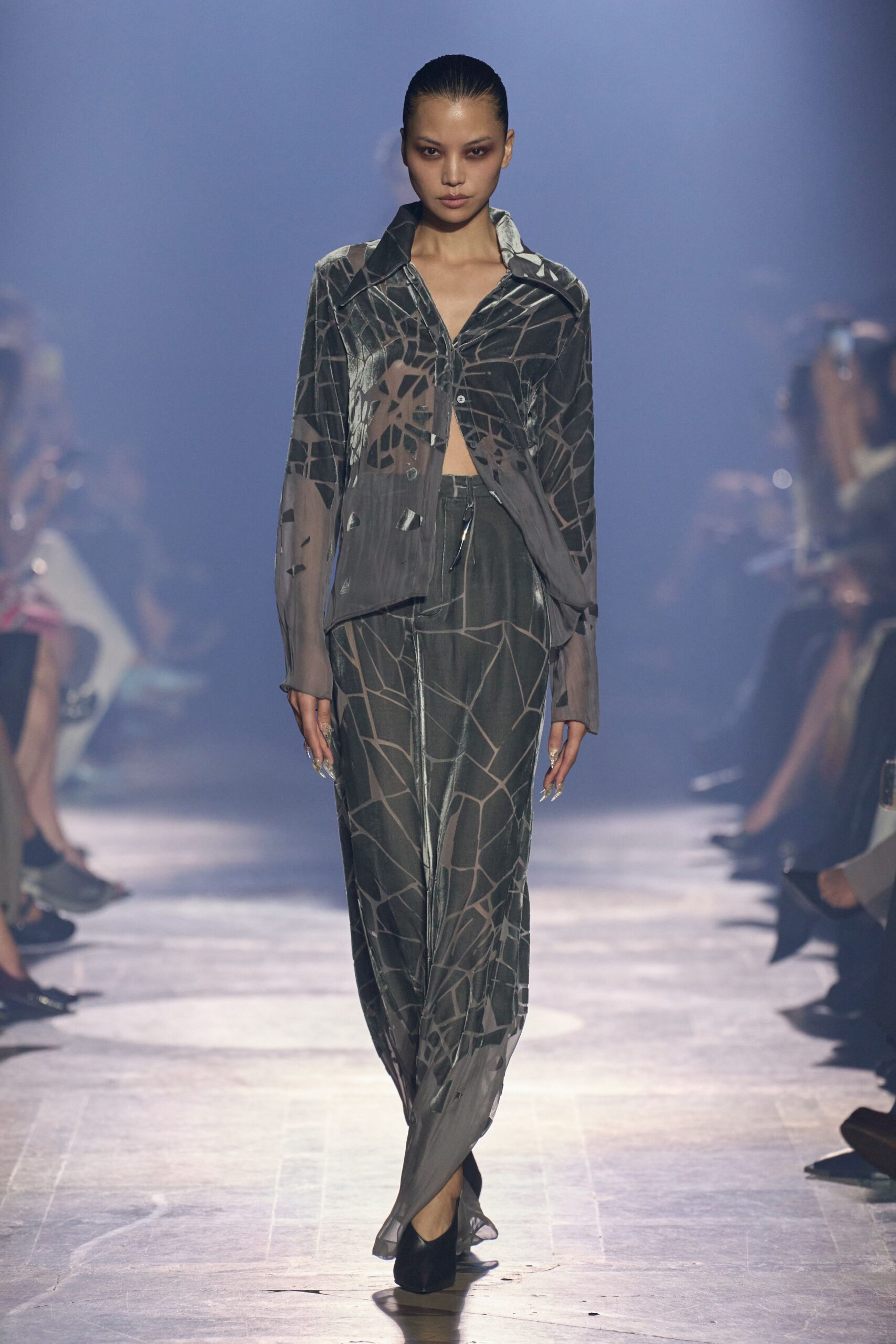 gray silk relaxed printed sheer pants