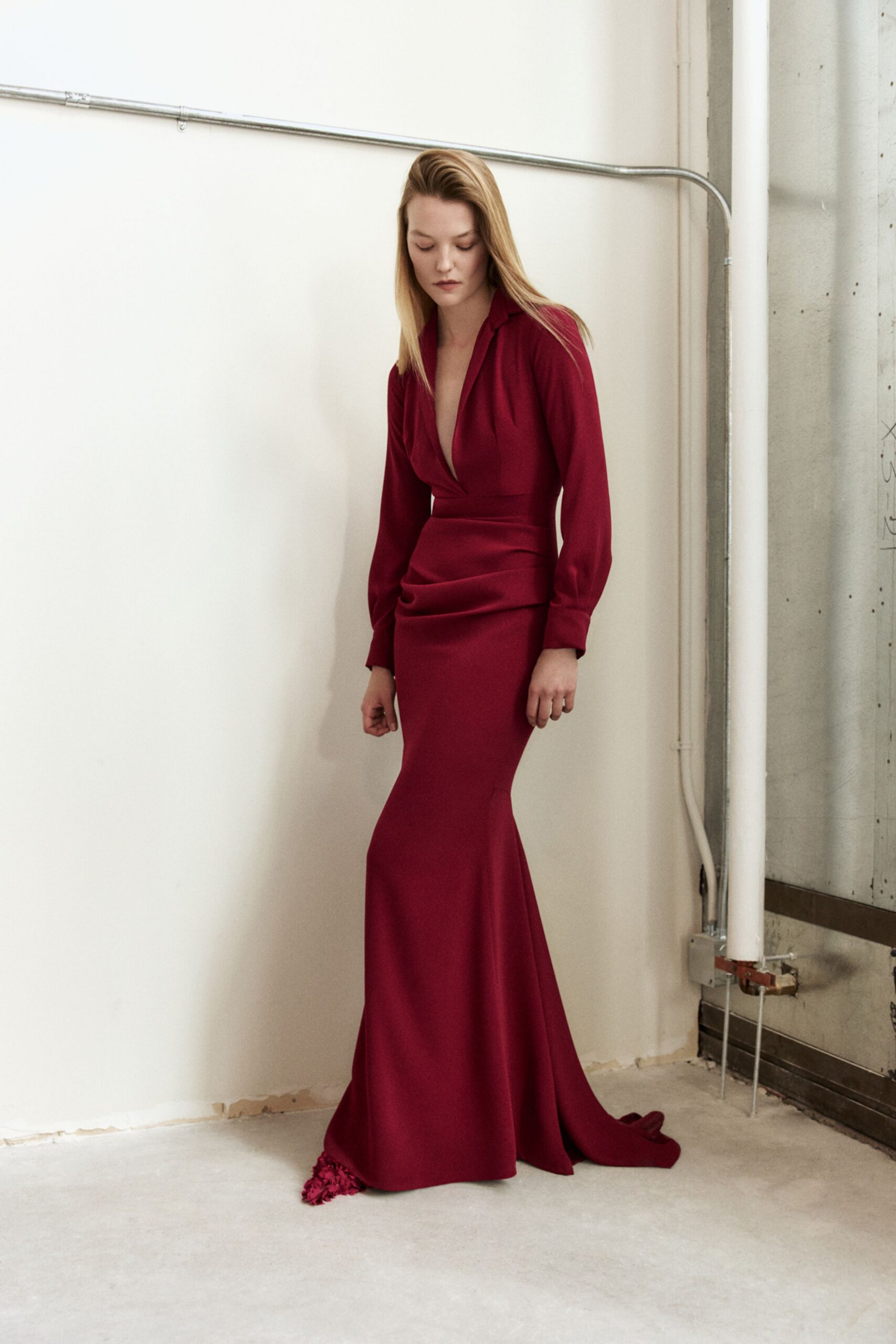 red silk fitted gown