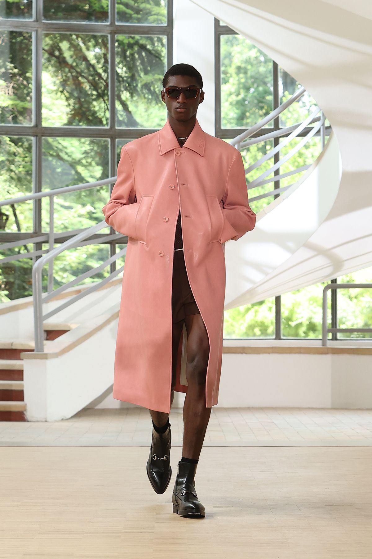 pink leather long-sleeve collared fitted buttoned maxi coat