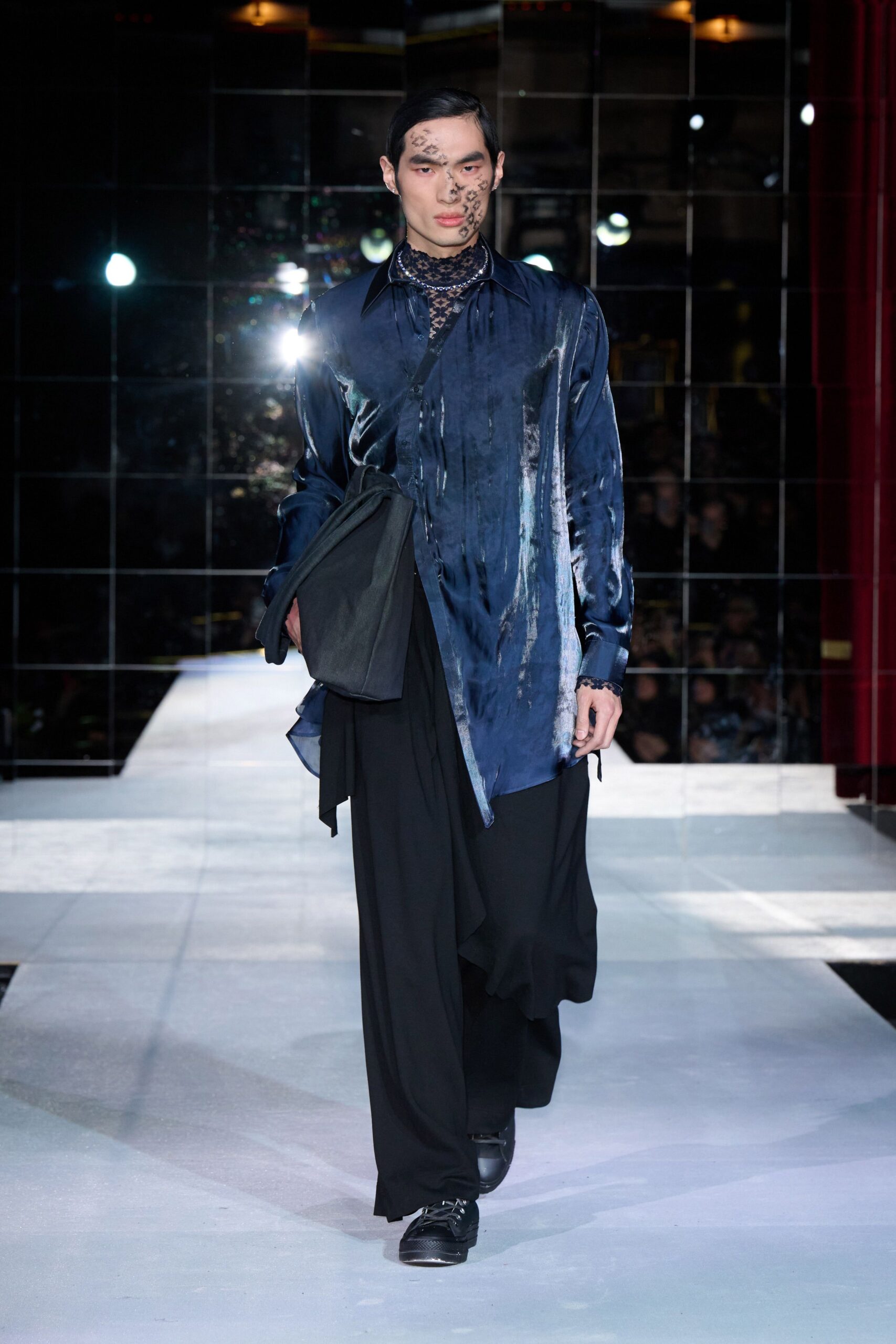 blue silk long-sleeve collared relaxed zippered shiny shirt