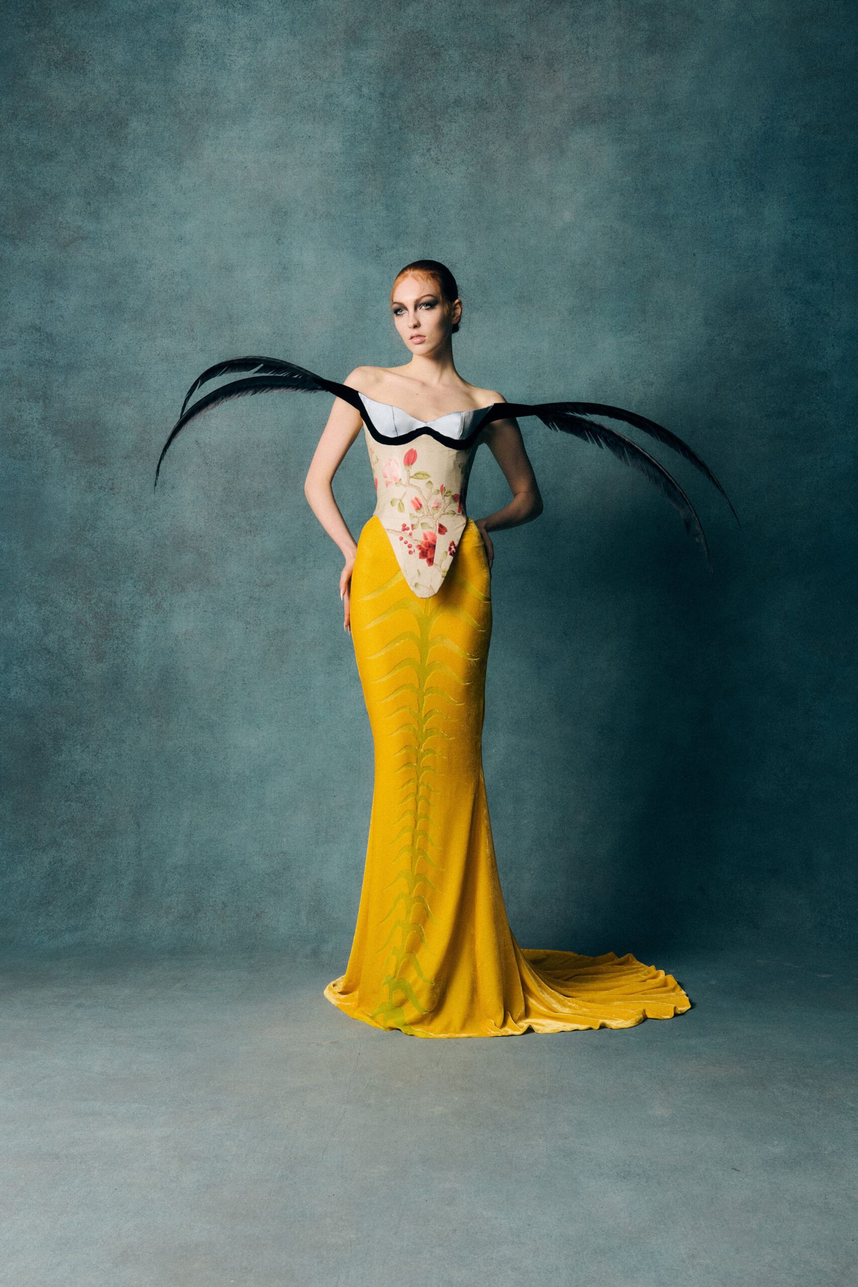 yellow silk fitted gown