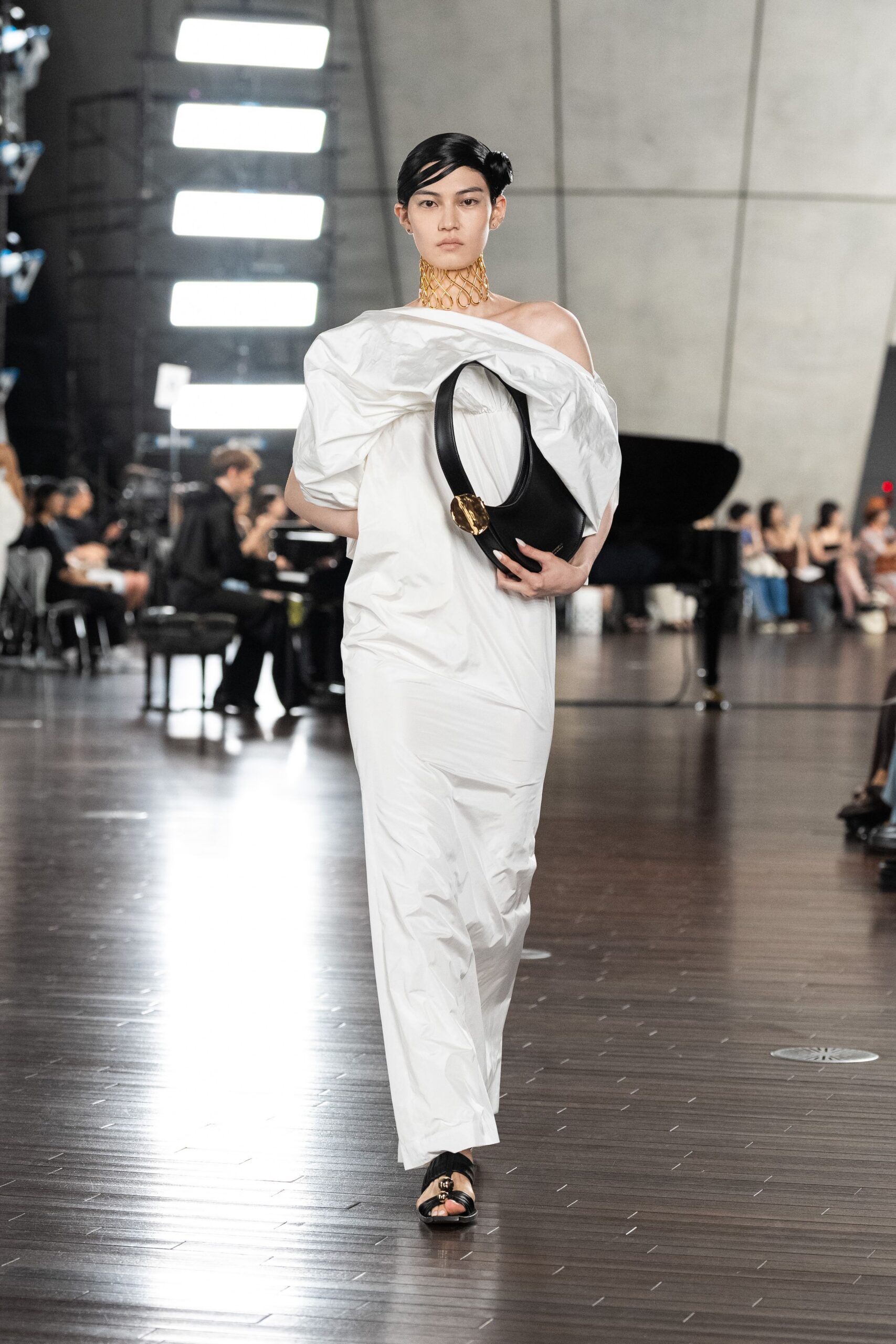white silk off-shoulder gown