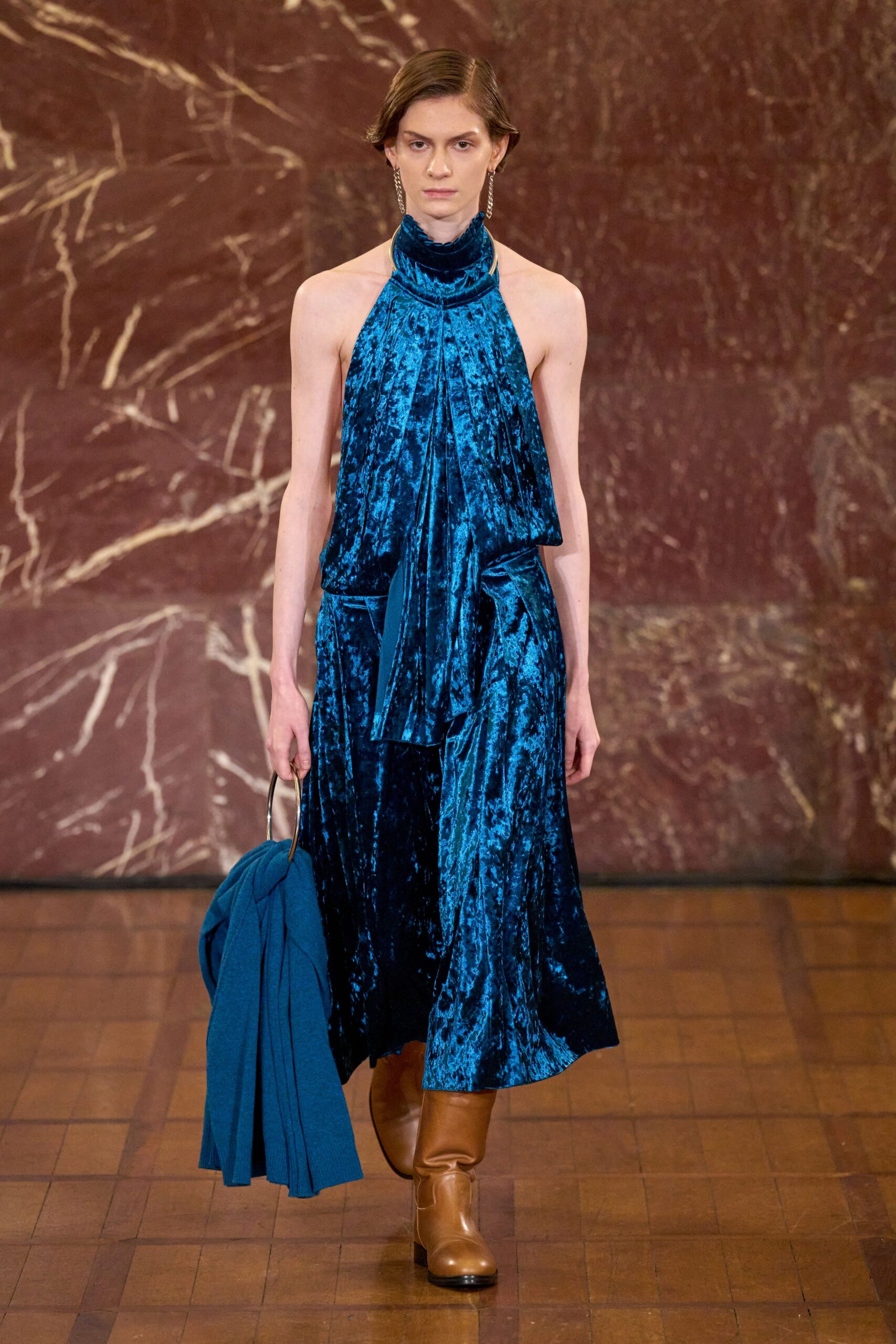 blue velvet sleeveless halter fitted draped shiny dress