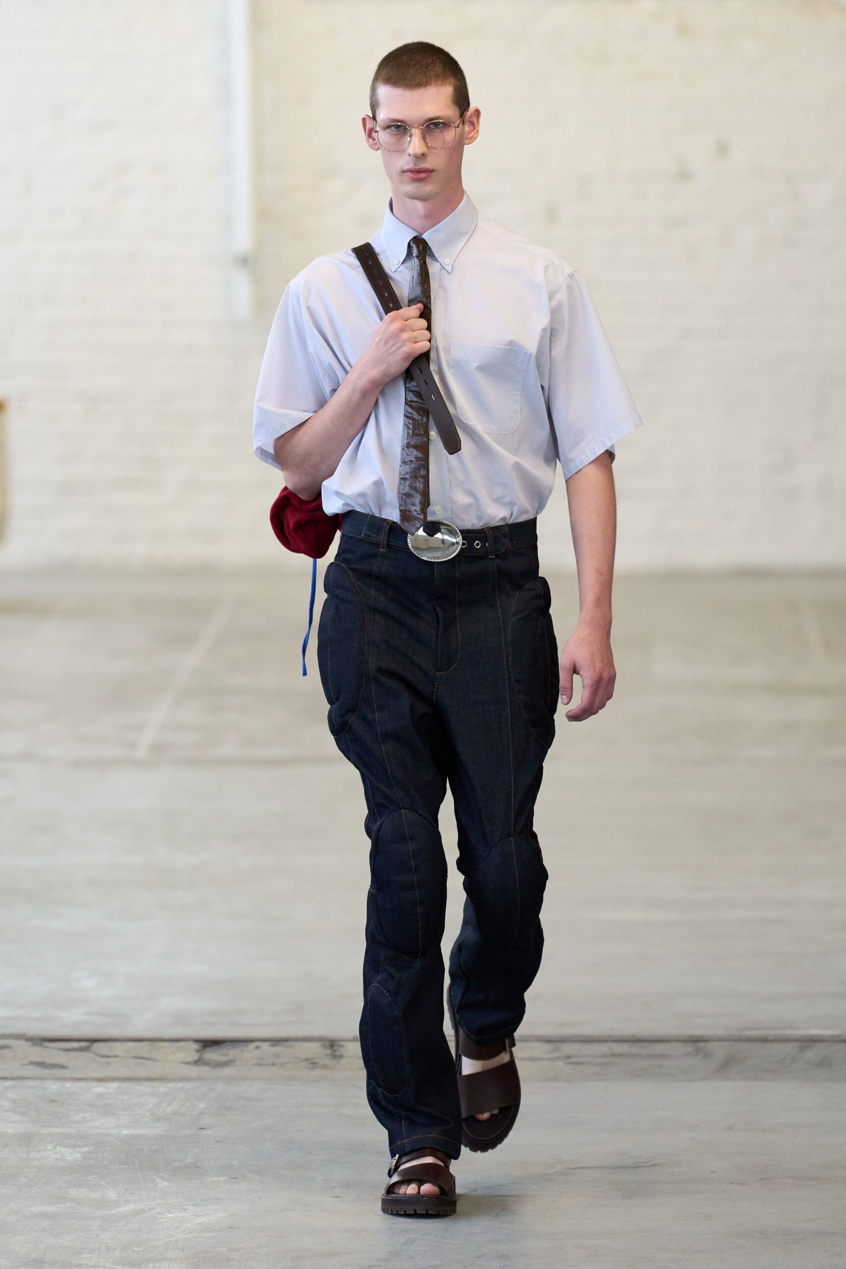 blue denim fitted high-waisted straight-leg pants