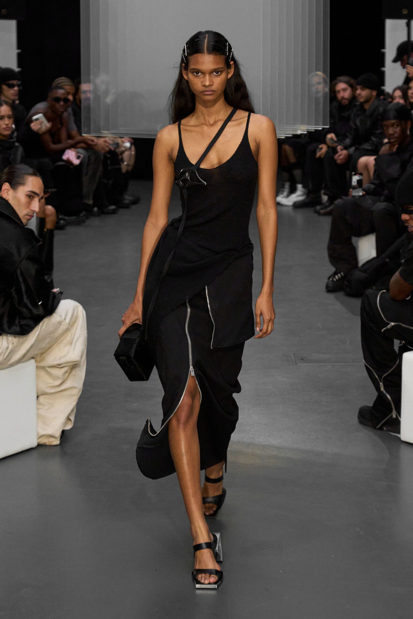 black cotton sleeveless v-neck fitted zippered midi dress