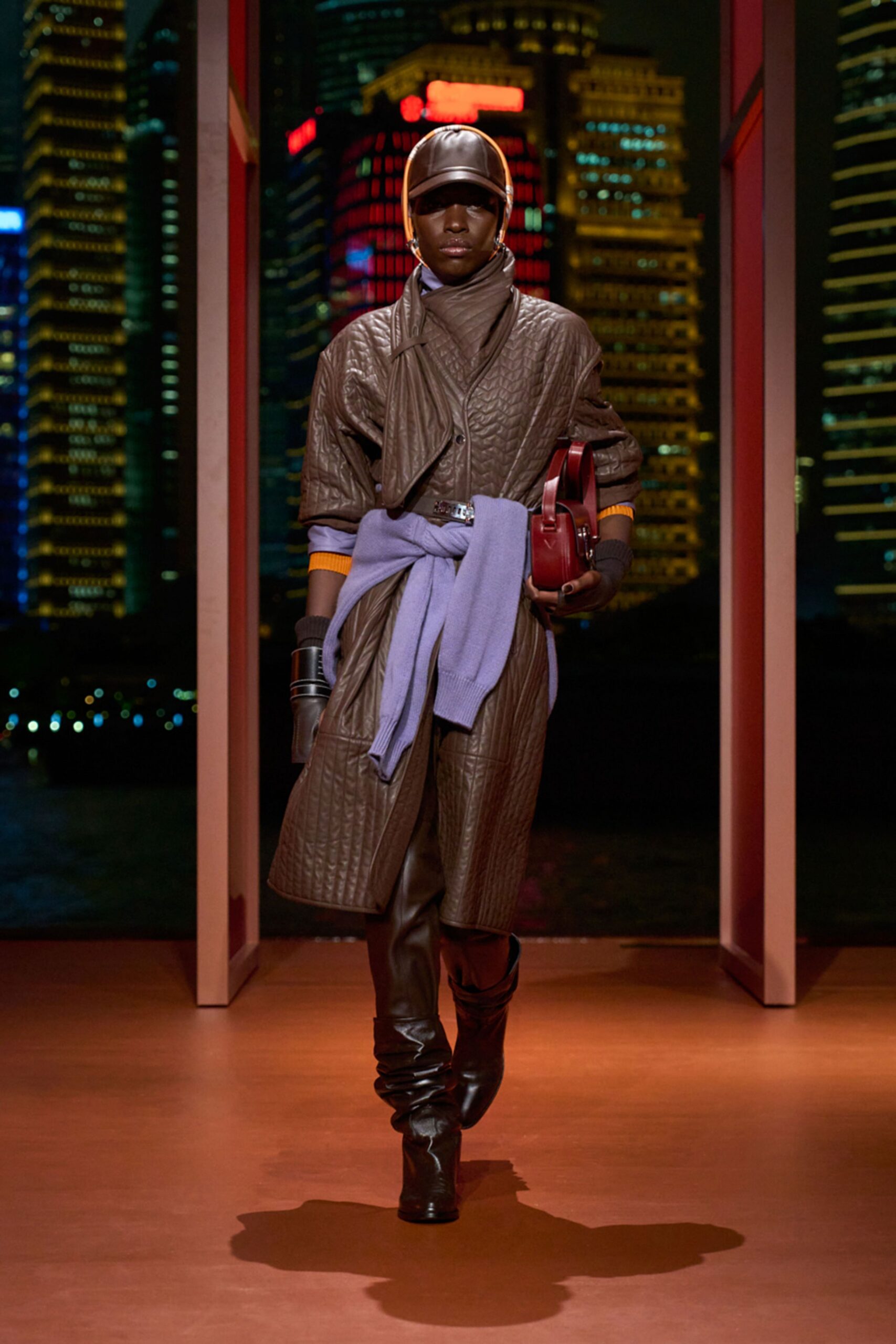 brown leather fitted high-waisted straight-leg pants
