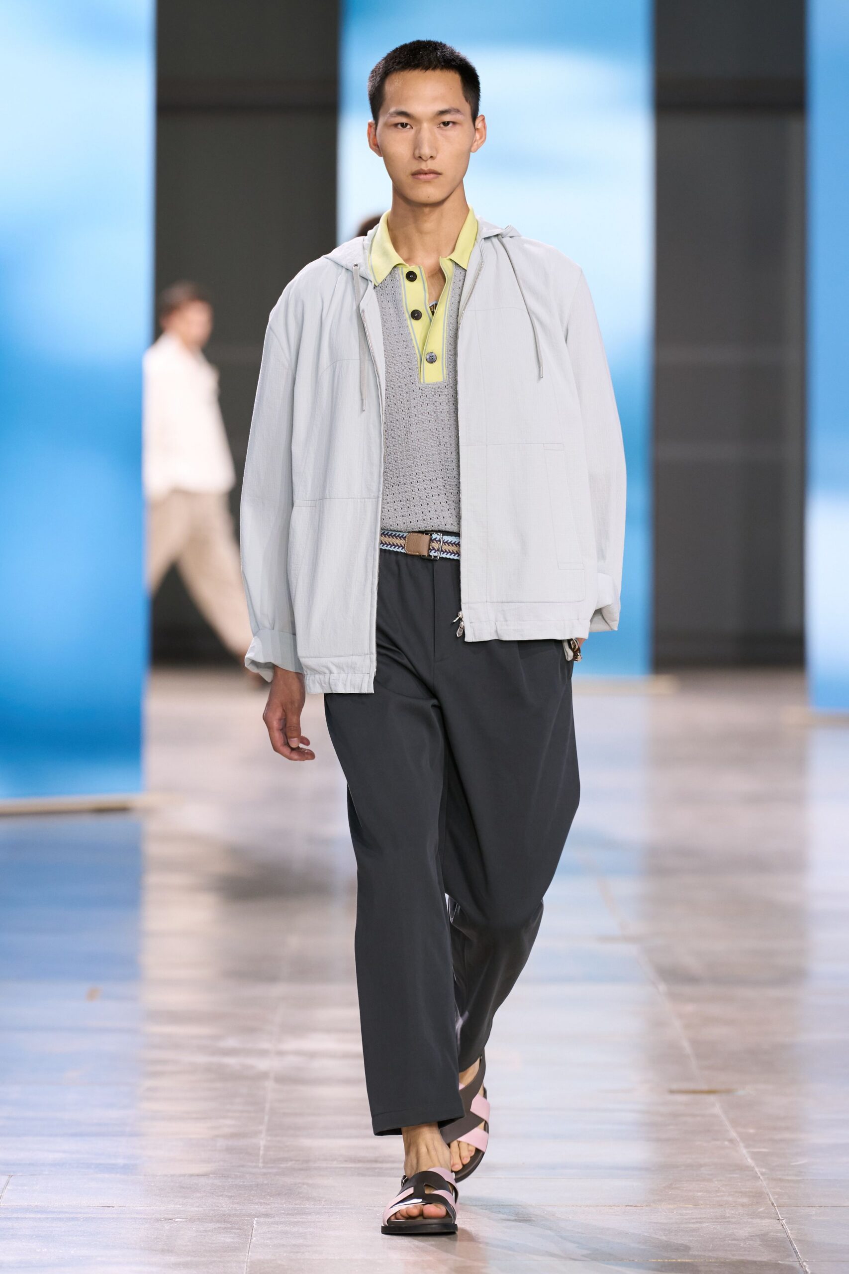 light blue relaxed jacket with gray shirt
