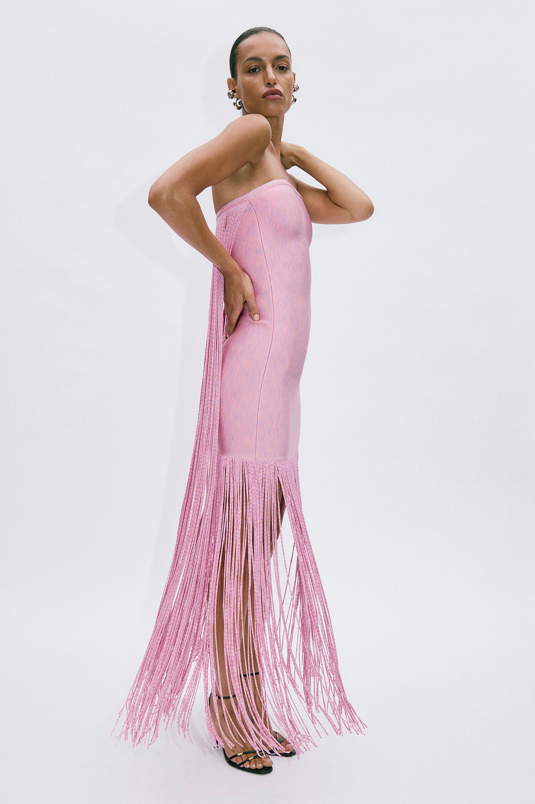 pink strapless fringed dress