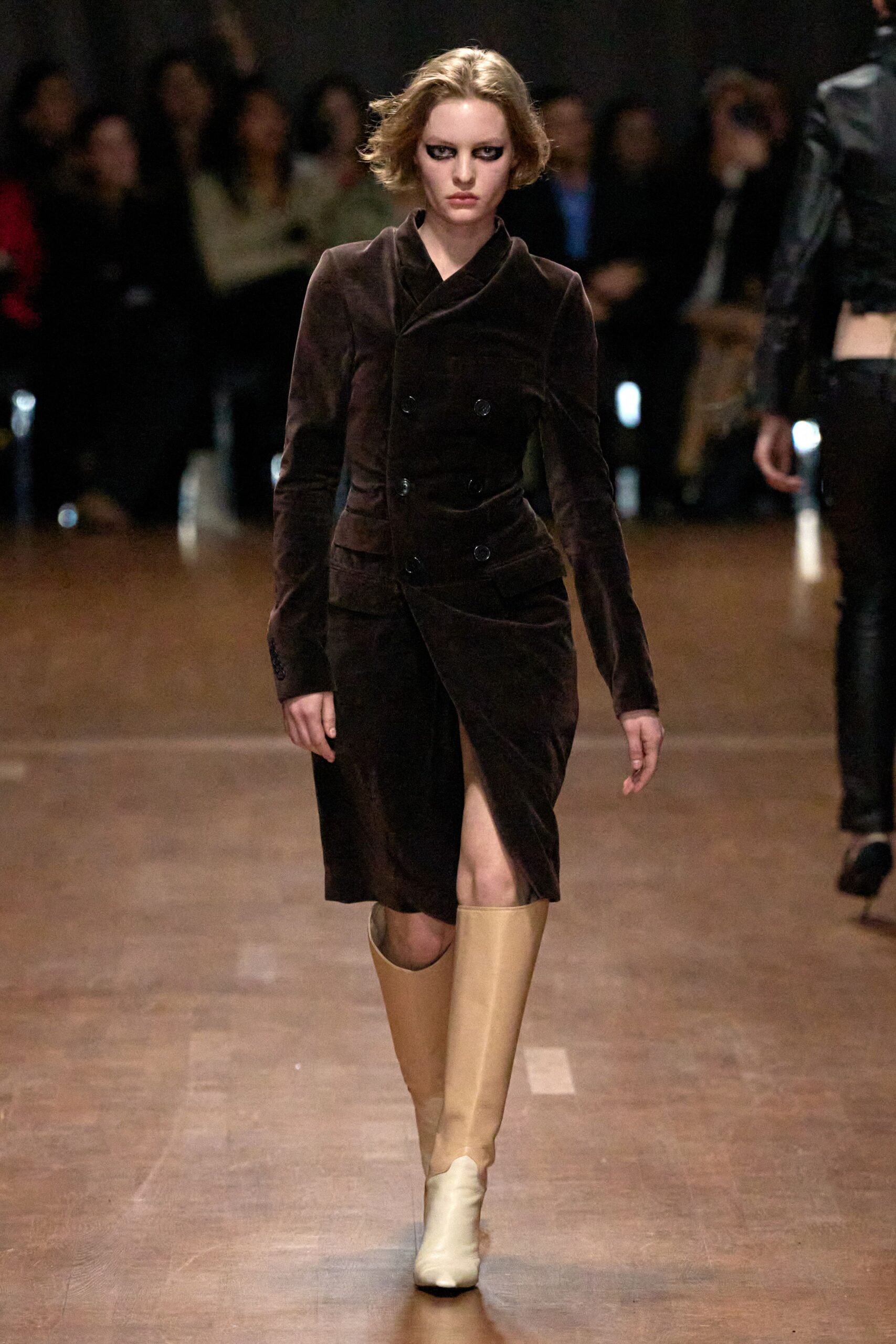 brown velvet long-sleeve collared fitted buttoned midi dress
