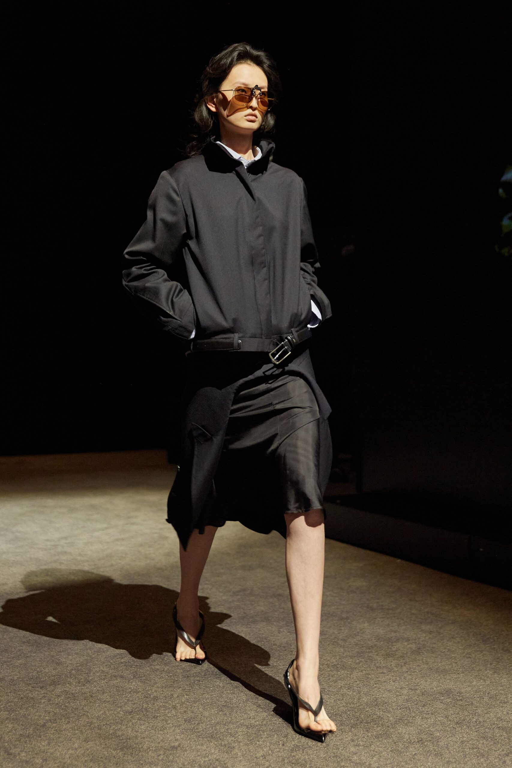 black coat and dress with sandals