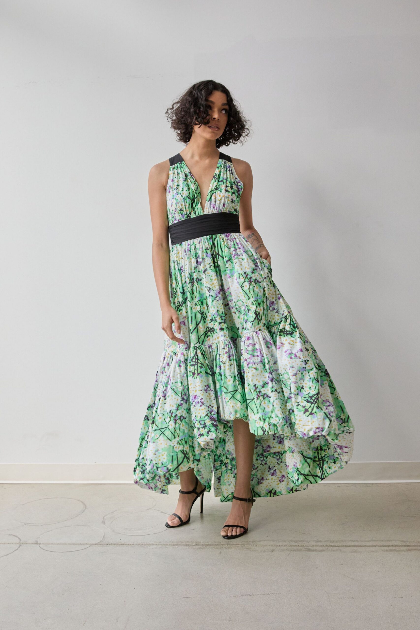 floral maxi dress with black heels