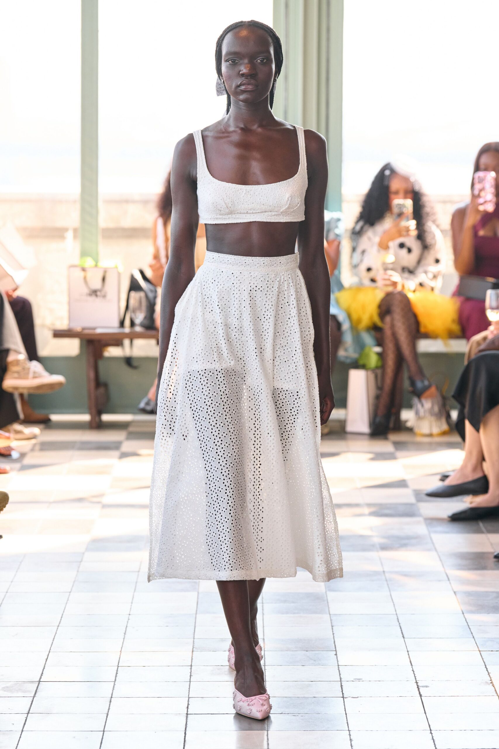 white embroidered top and skirt
