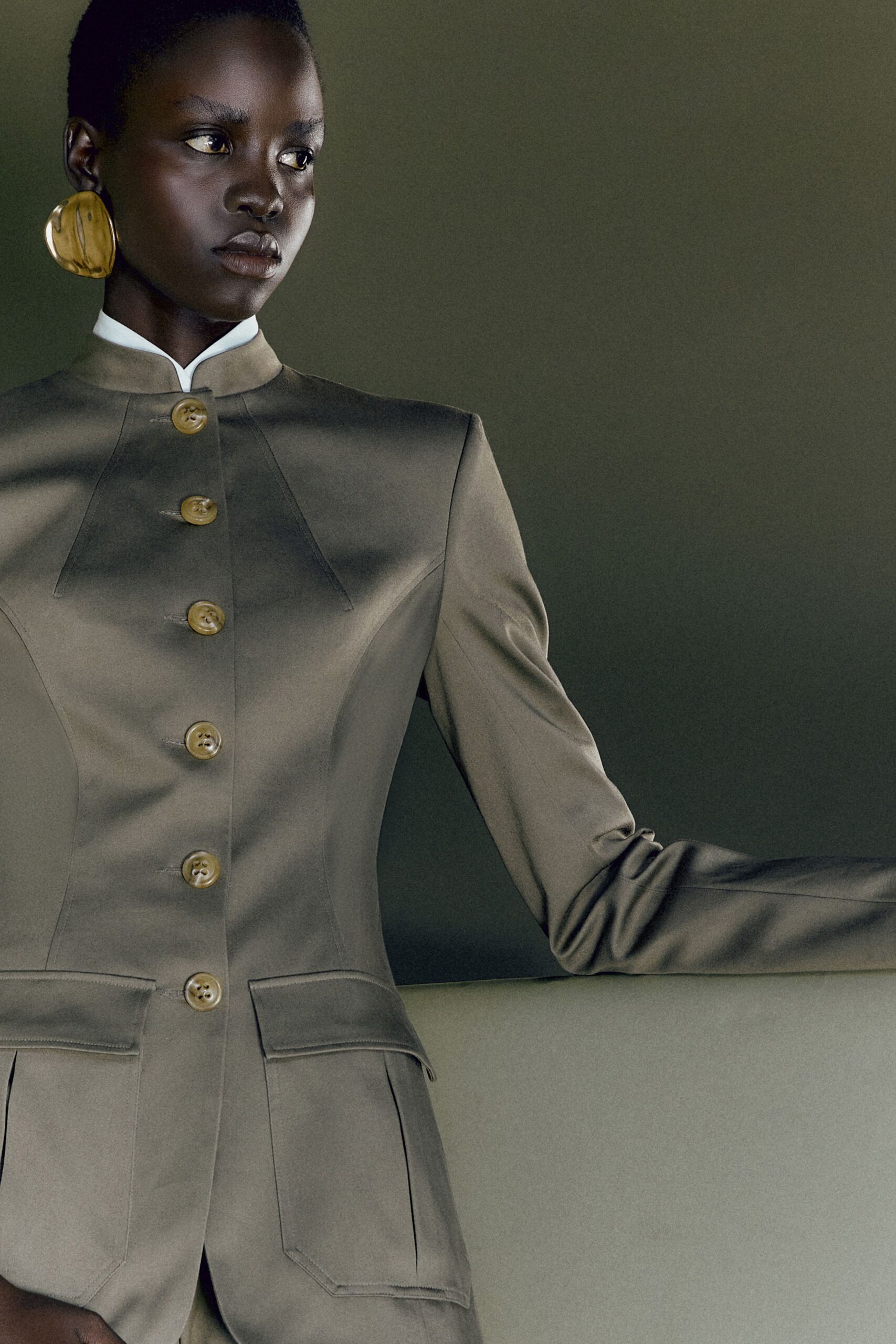 beige structured silk blazer